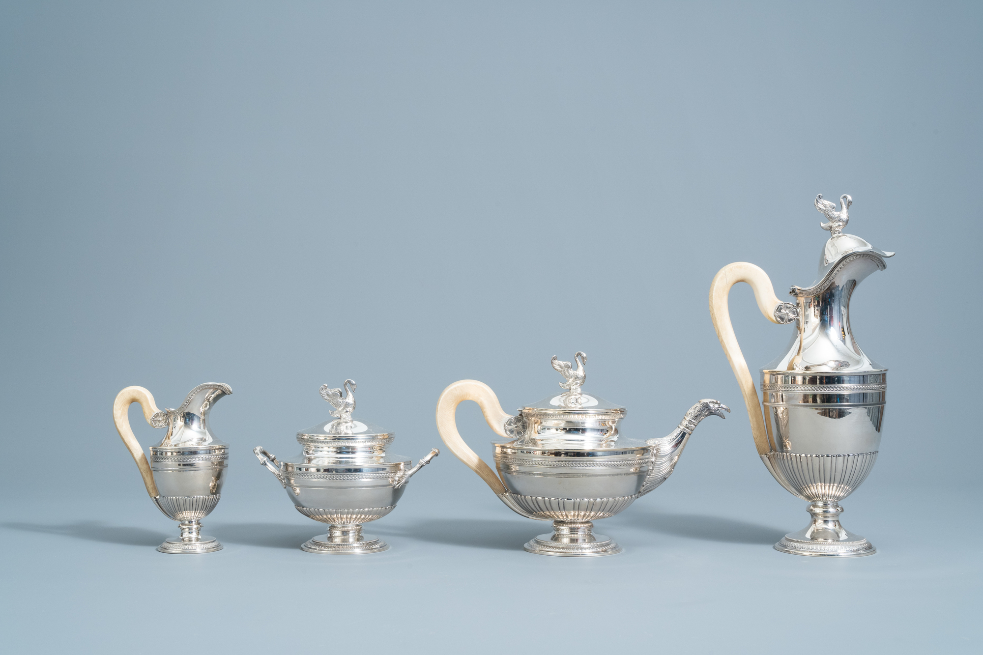 A four-piece silver Directoire style tea set with ivory handles, 800/000, 19th/20th C. - Image 4 of 12