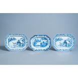 Three Chinese blue and white 'landscape' chargers, Qianlong