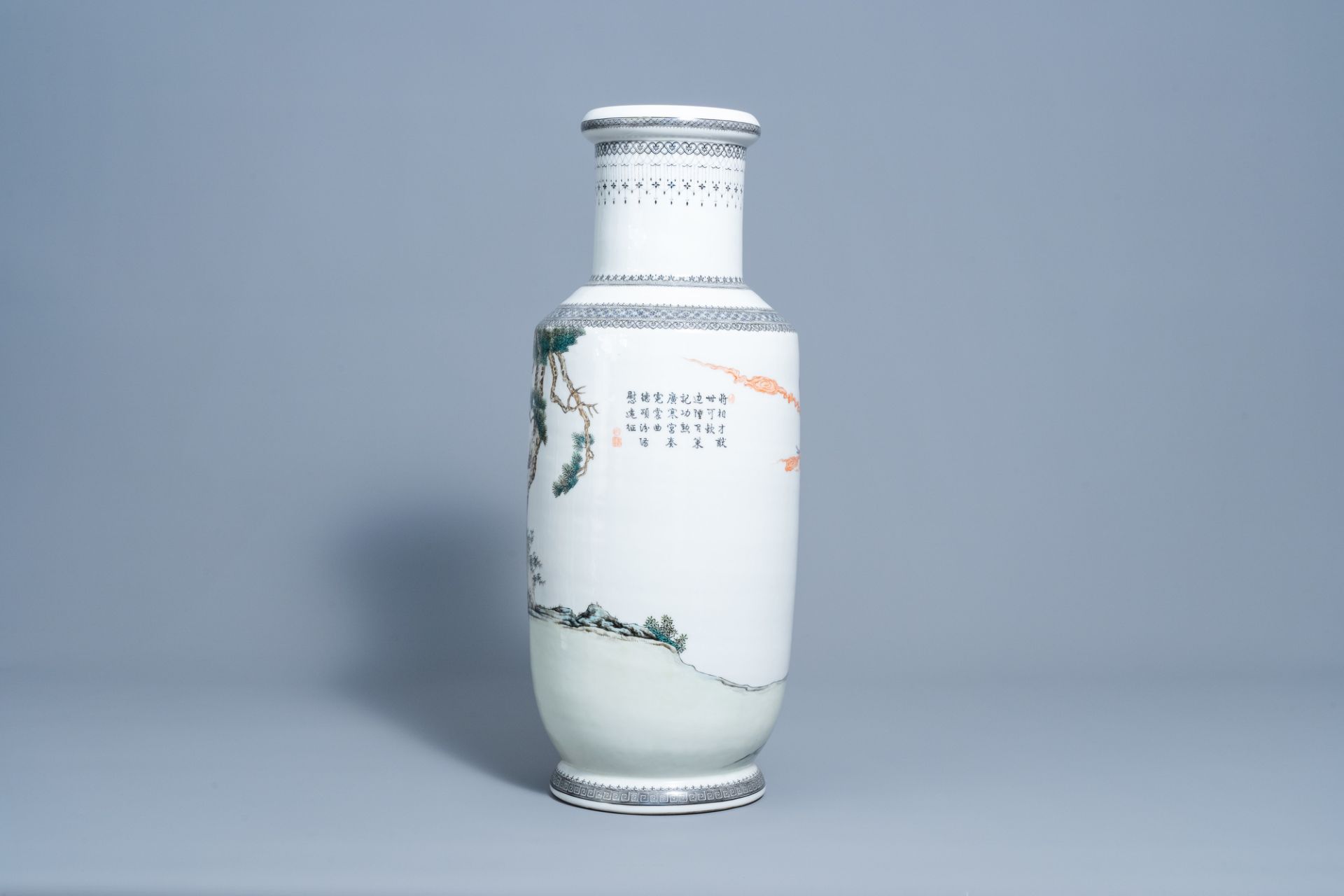 A Chinese famille rose vase with figures in a landscape, Qianlong mark, Republic, 20th C. - Image 4 of 7