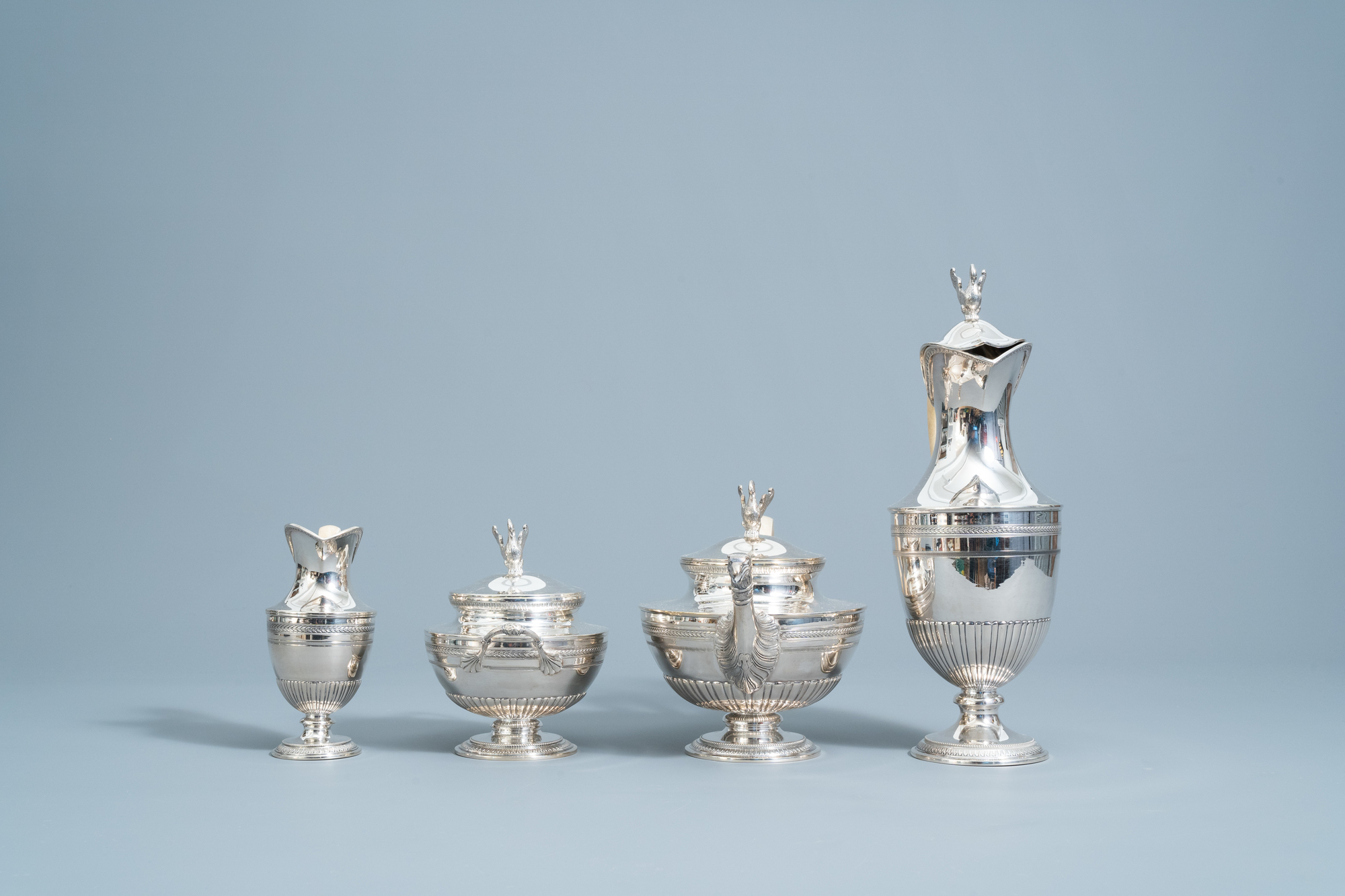 A four-piece silver Directoire style tea set with ivory handles, 800/000, 19th/20th C. - Image 5 of 12