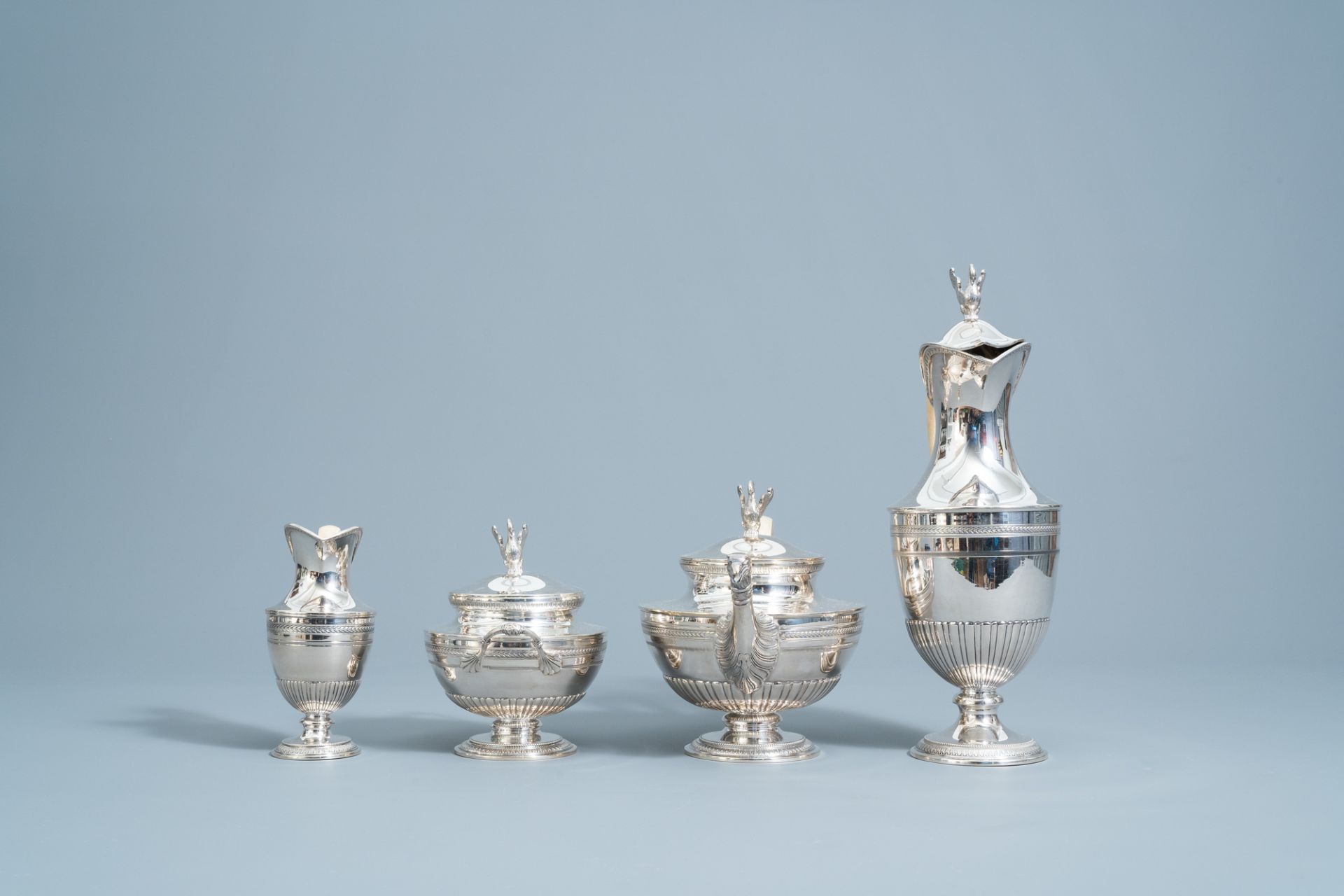 A four-piece silver Directoire style tea set with ivory handles, 800/000, 19th/20th C. - Image 5 of 12