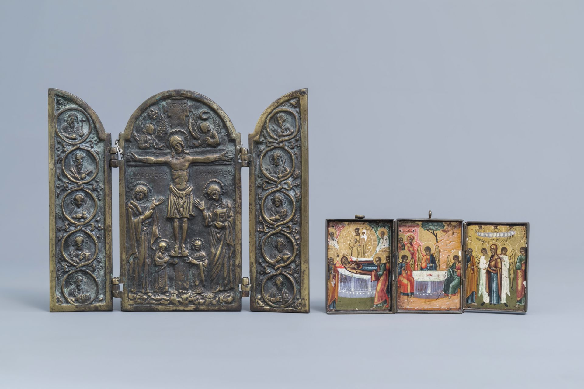 Two Russian icons with copper oklad or riza and two travel icons, 19th/20th C. - Image 9 of 18