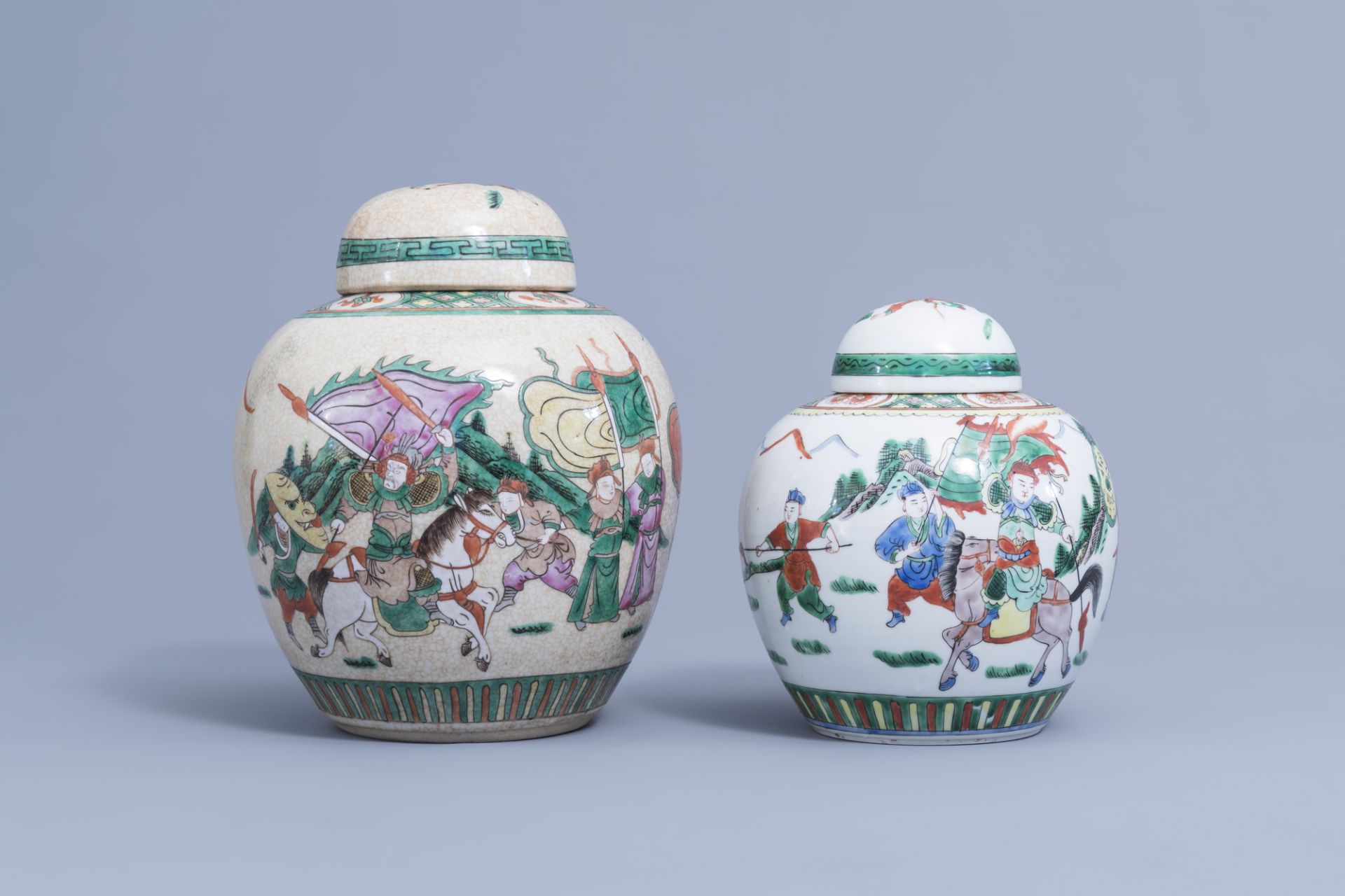 A Chinese bottle shaped Nanking crackle famille verte vase and two warrior jars, 19th/20th C. - Image 3 of 15