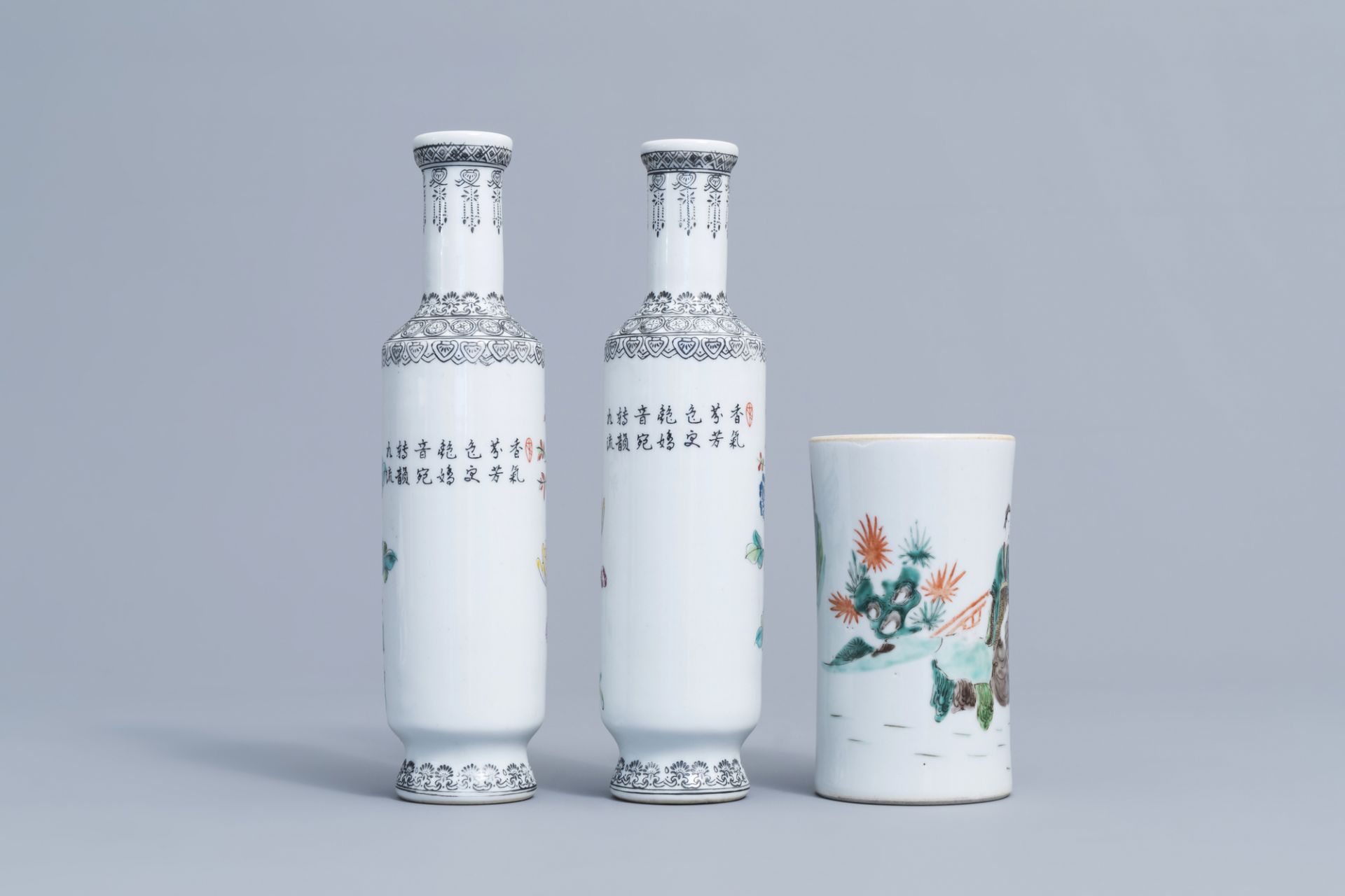 Six various Chinese famille rose vases and a famille verte 'scholars' brush pot, 20th C. - Image 10 of 13
