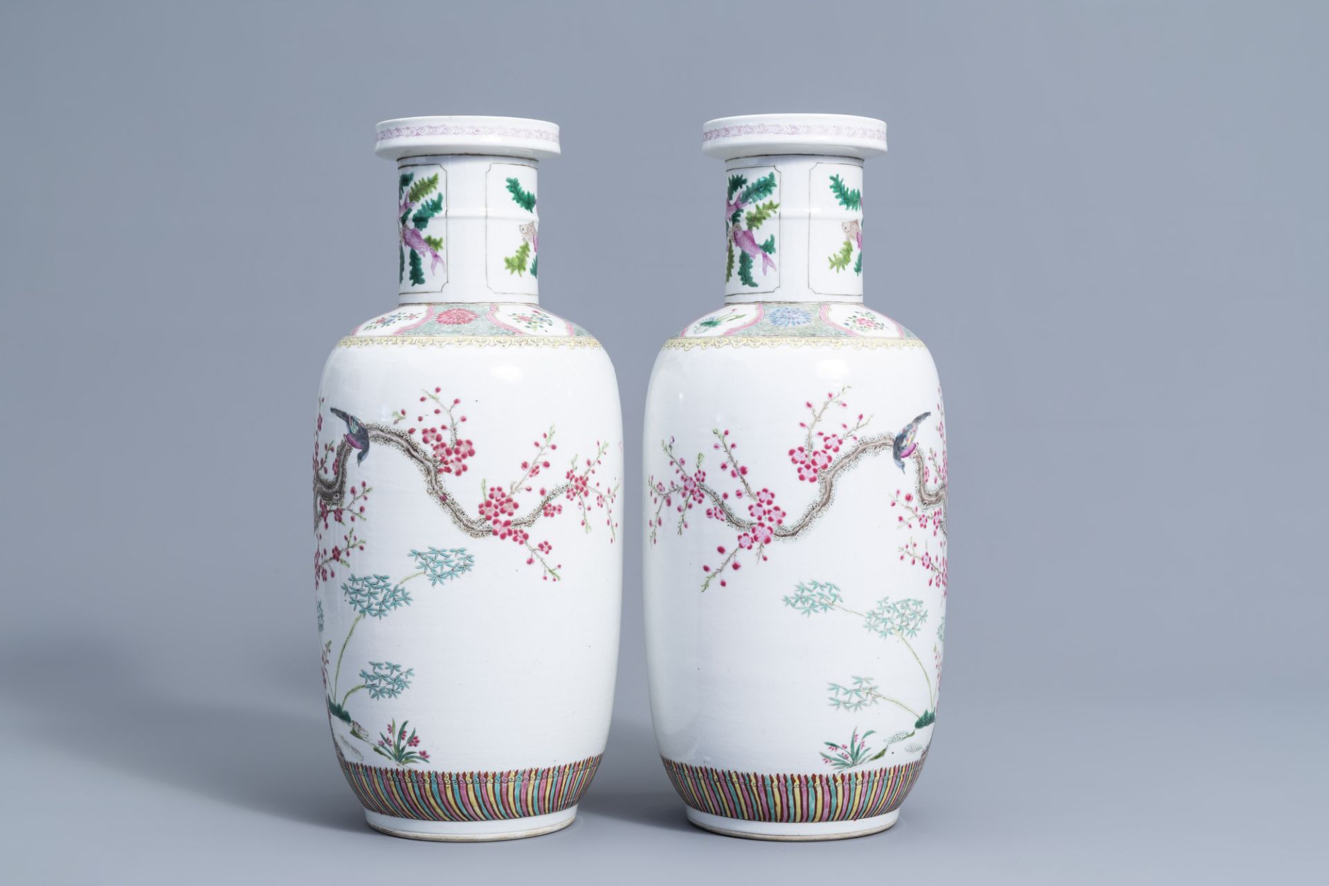 A pair of Chinese famille rose vases with birds among blossoming branches, 20th C. - Image 4 of 6