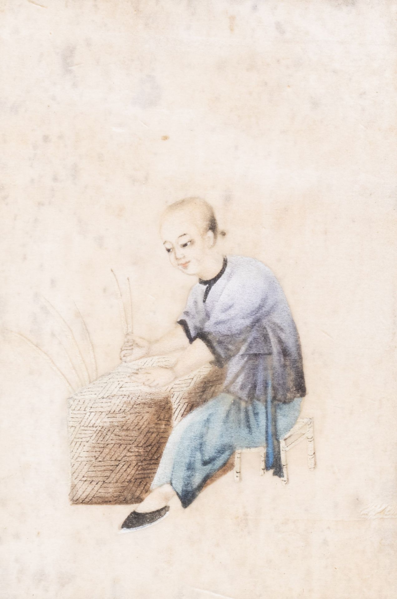 Chinese school, ink and colours on pith paper, 19th C.: Eight works depicting the tea production - Image 7 of 20