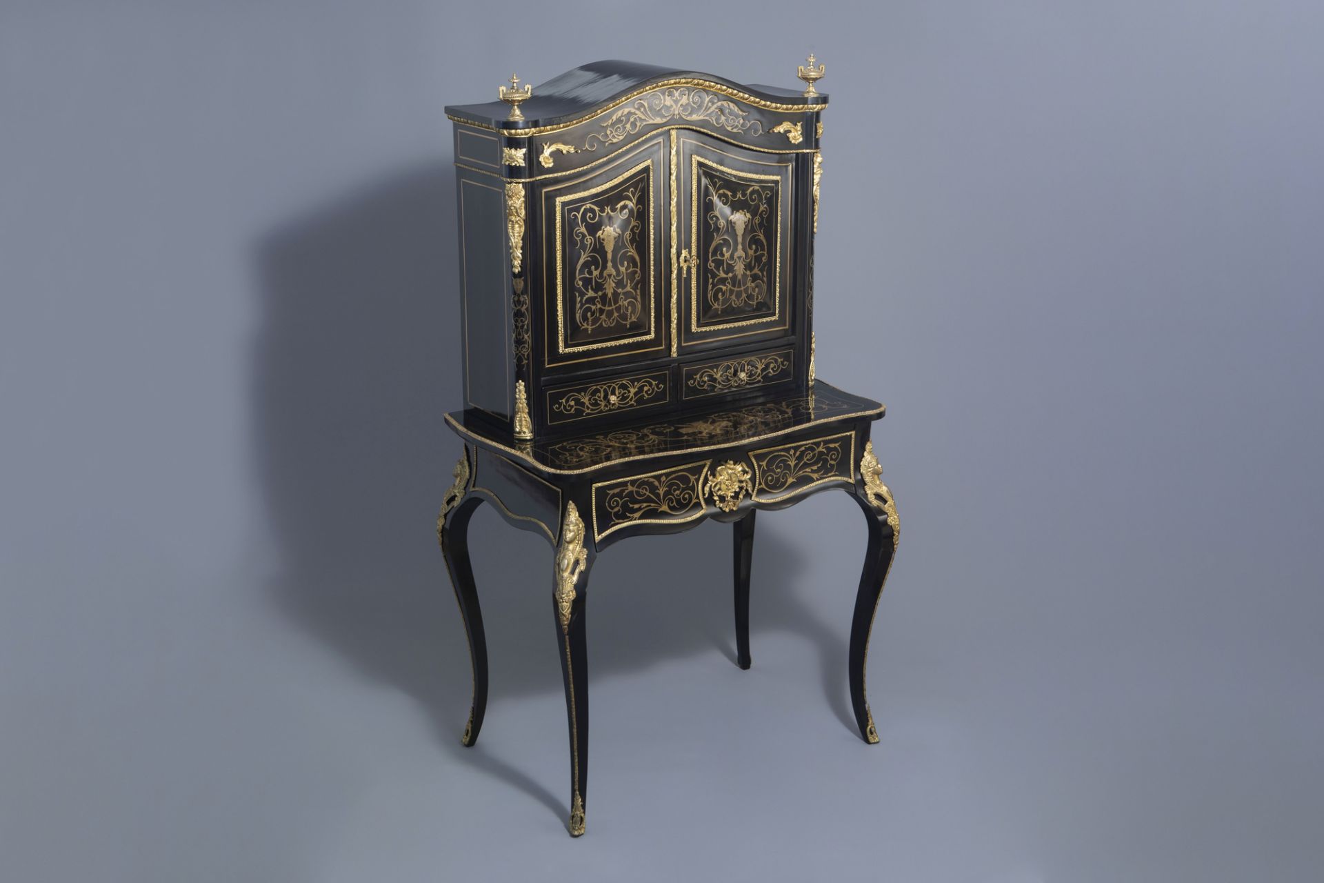 A French ebonised wooden brass inlaid and gilt bronze mounted bonheur du jour, Napoleon III, 19th/20