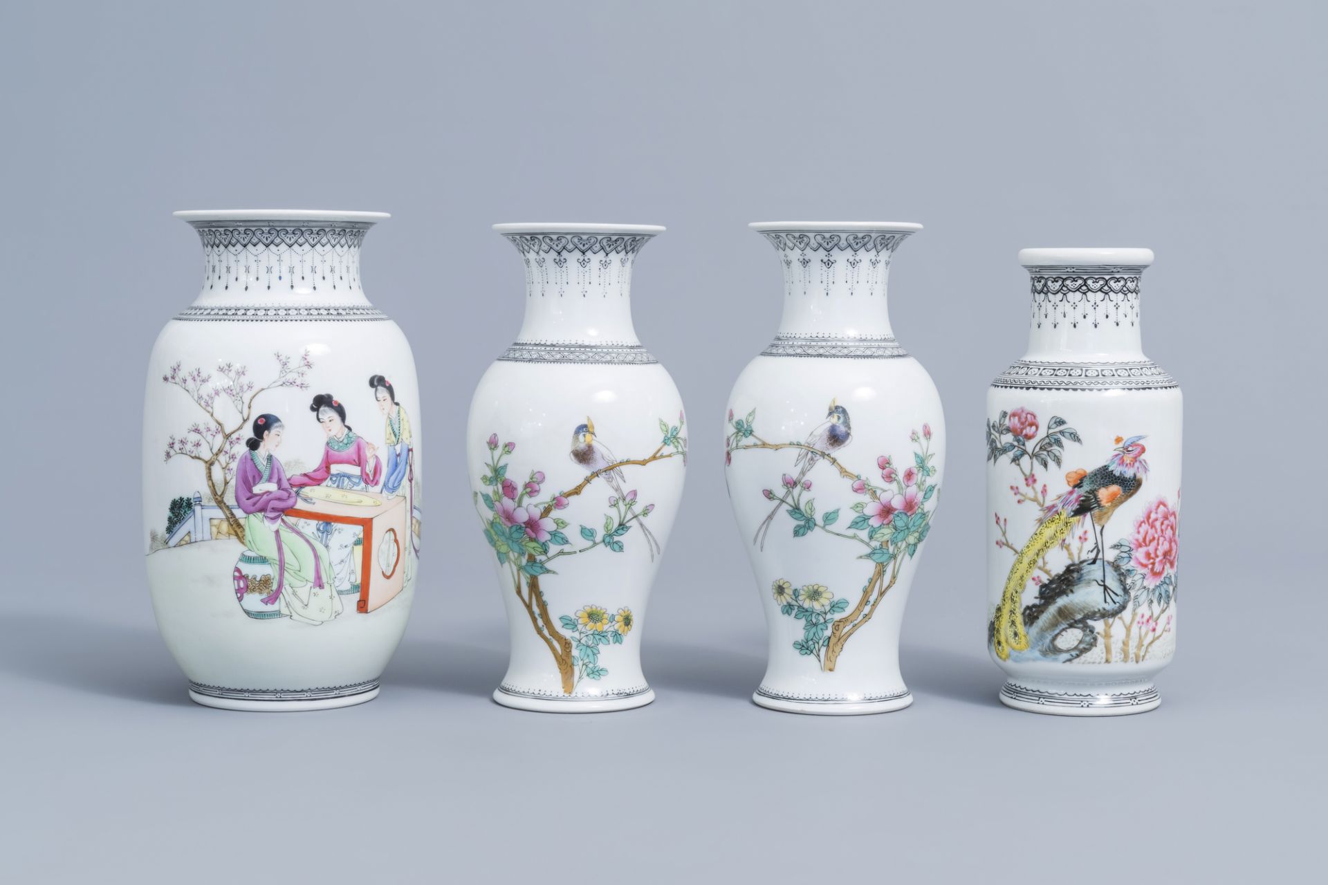 Six various Chinese famille rose vases and a famille verte 'scholars' brush pot, 20th C. - Image 2 of 13