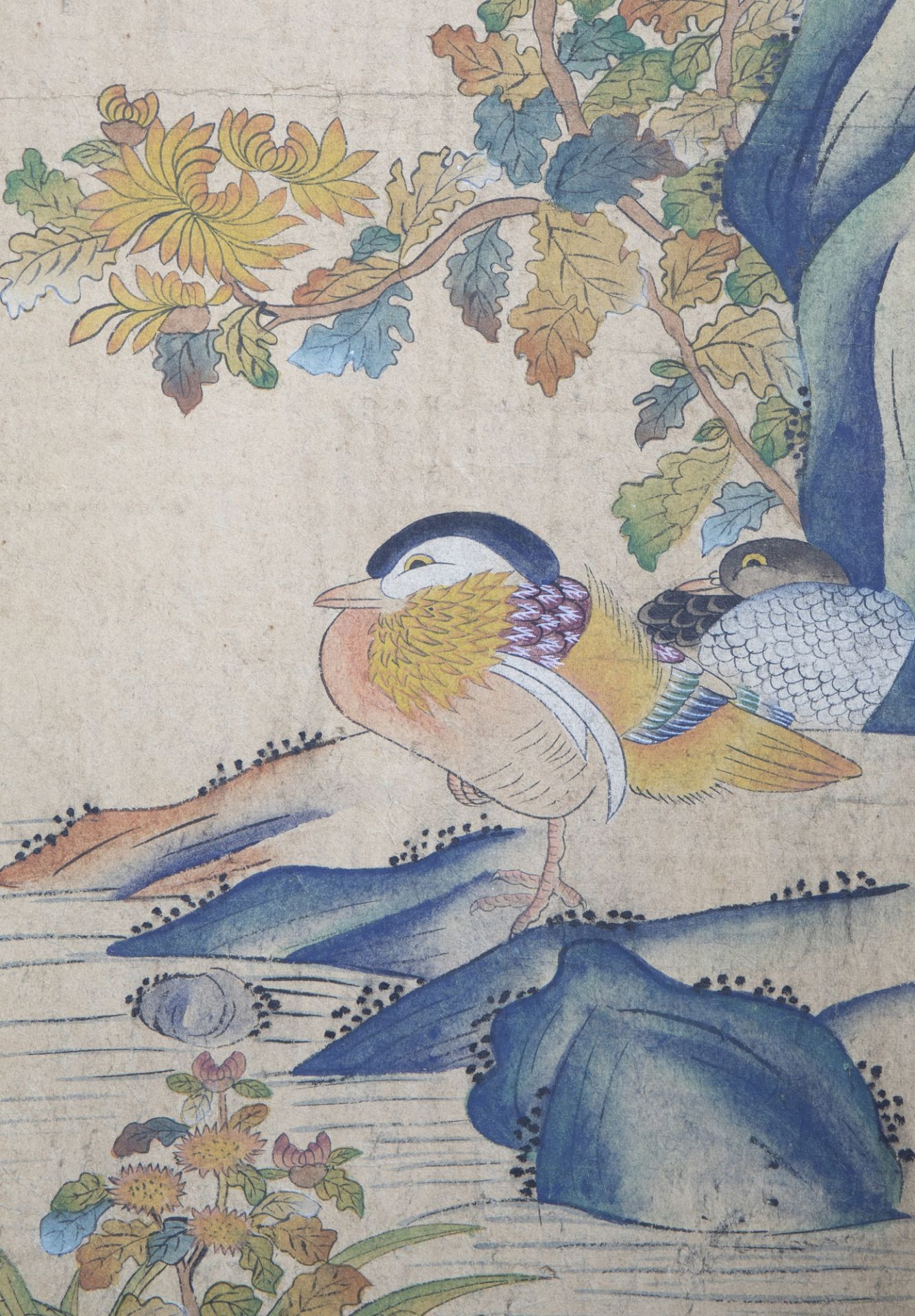 A Chinese six-fold painted silk room divider with birds on blossoming branches, 20th C. - Image 7 of 7