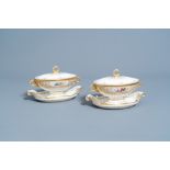 A pair of French tureen and covers on stand with gilt and polychrome floral design, Sevres mark, 19t