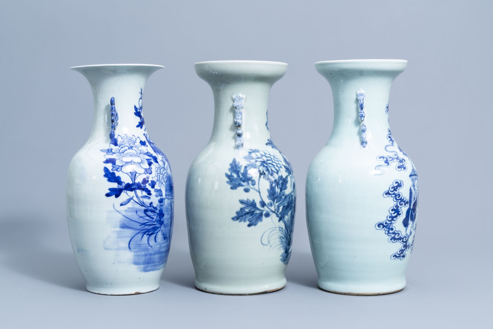 Three various Chinese blue and white celadon ground vases, 19th/20th C. - Image 3 of 7