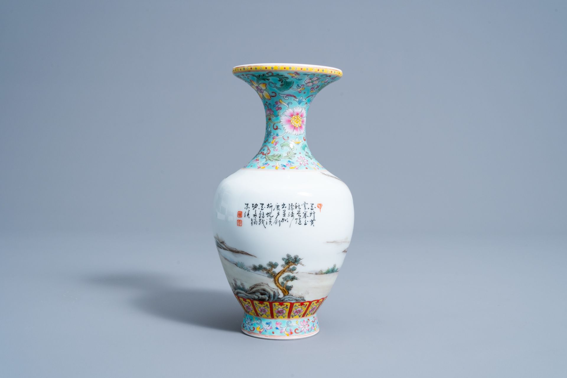 A Chinese famille rose vase with figures in a landscape, Qianlong mark, 20th C. - Image 3 of 6