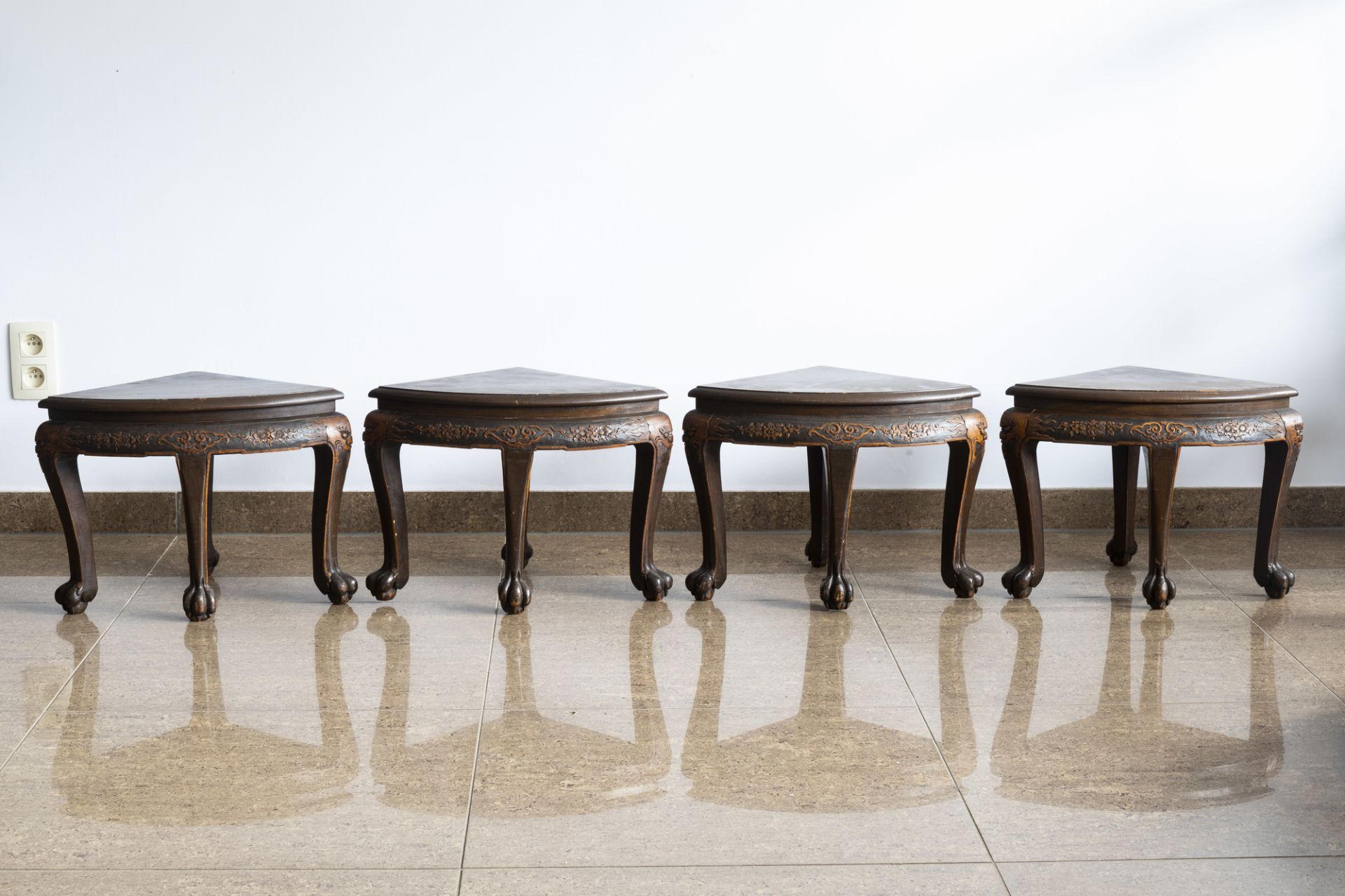 A Chinese wooden coffee table and four stools with relief design, 20th C. - Image 8 of 13