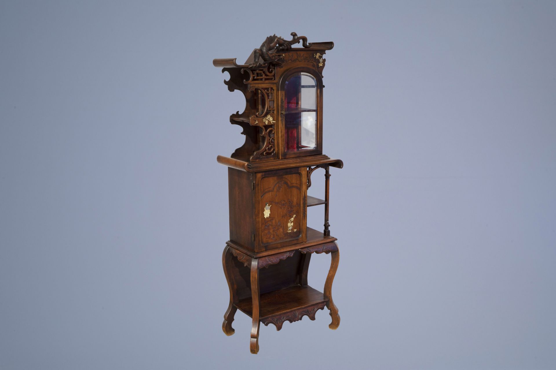 Gabriel Viardot (1830-1906) and/or workshop: A wooden Japonism display cabinet with bone inlay, Fran