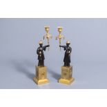 An extraordinary pair of French Empire style patinated bronze and ormolu chinoiserie candelabra, ear