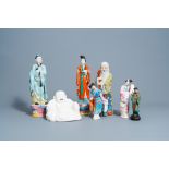 Six various Chinese famille rose and blanc de Chine figures and an earthenware lady, 20th C.