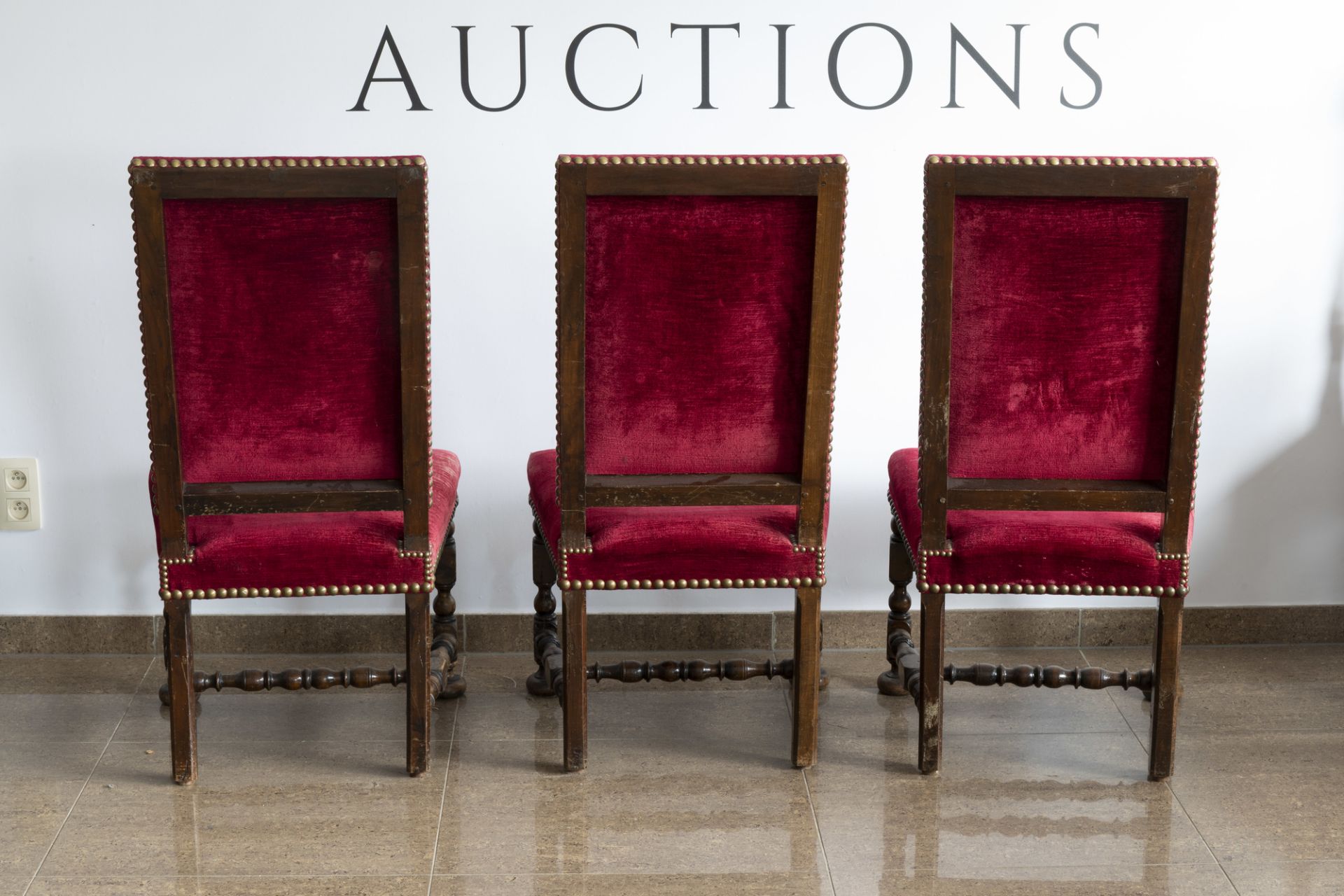 Six Dutch wooden chairs with red velvet upholstery, mainly 19th C. - Image 10 of 13