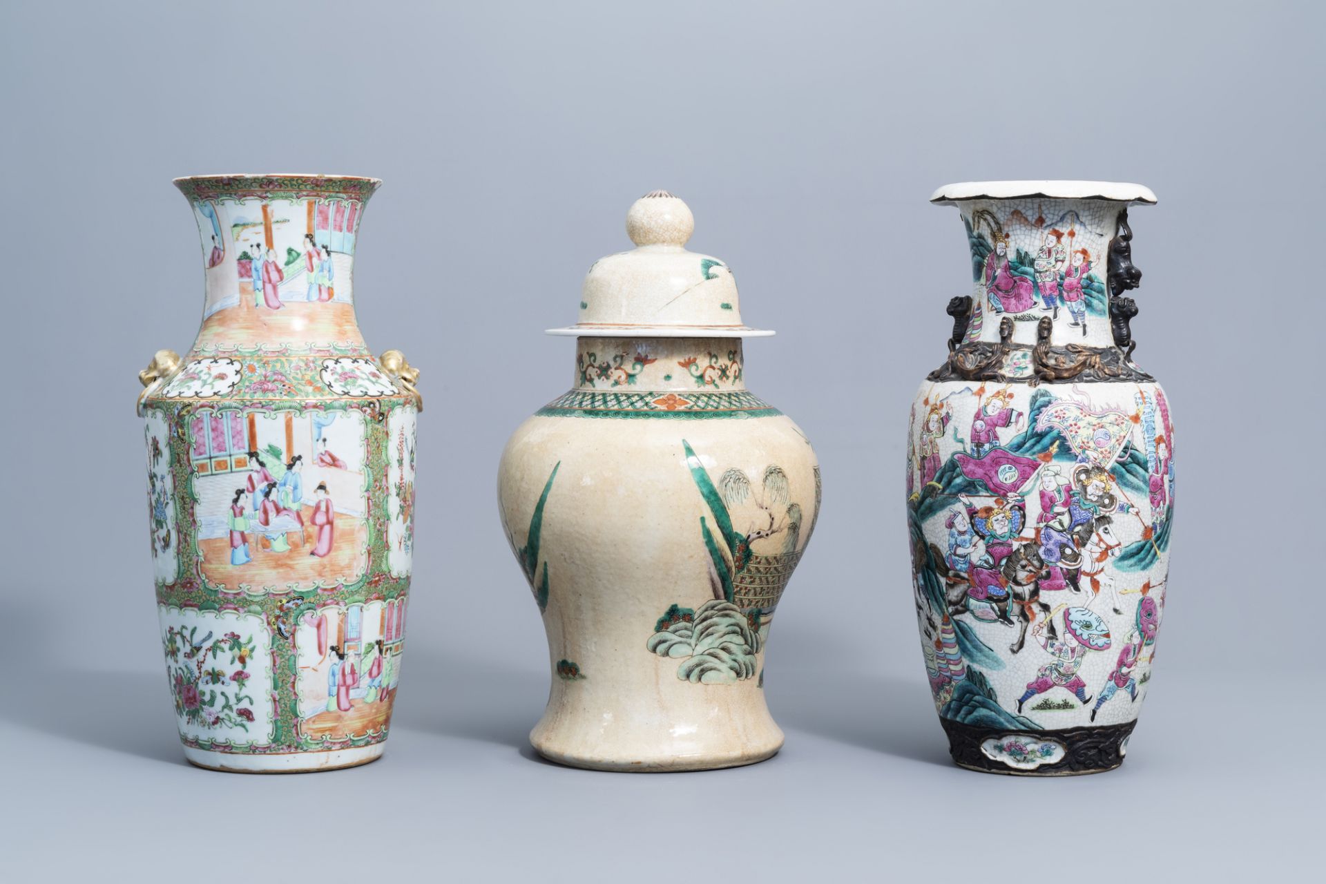 Three various Chinese Canton and Nanking crackle glazed famille rose and verte vases, 19th C. - Image 3 of 8