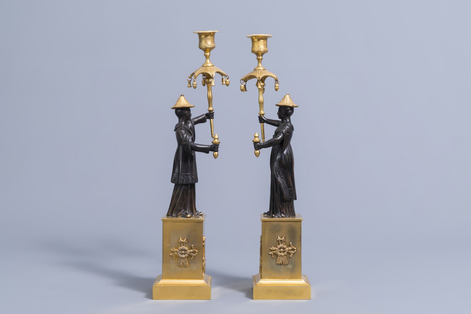An extraordinary pair of French Empire style patinated bronze and ormolu chinoiserie candelabra, ear - Image 3 of 7