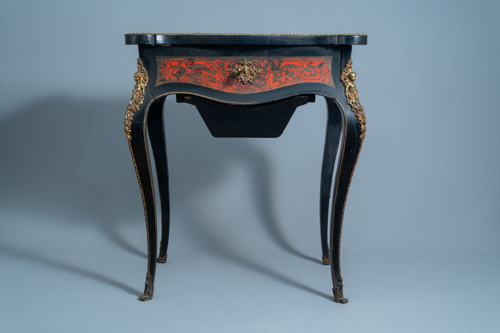 A French Historicism gilt mounted and brass marquetry sewing table, L. Grade F. - R(ue) Castex 9, 19 - Image 6 of 13