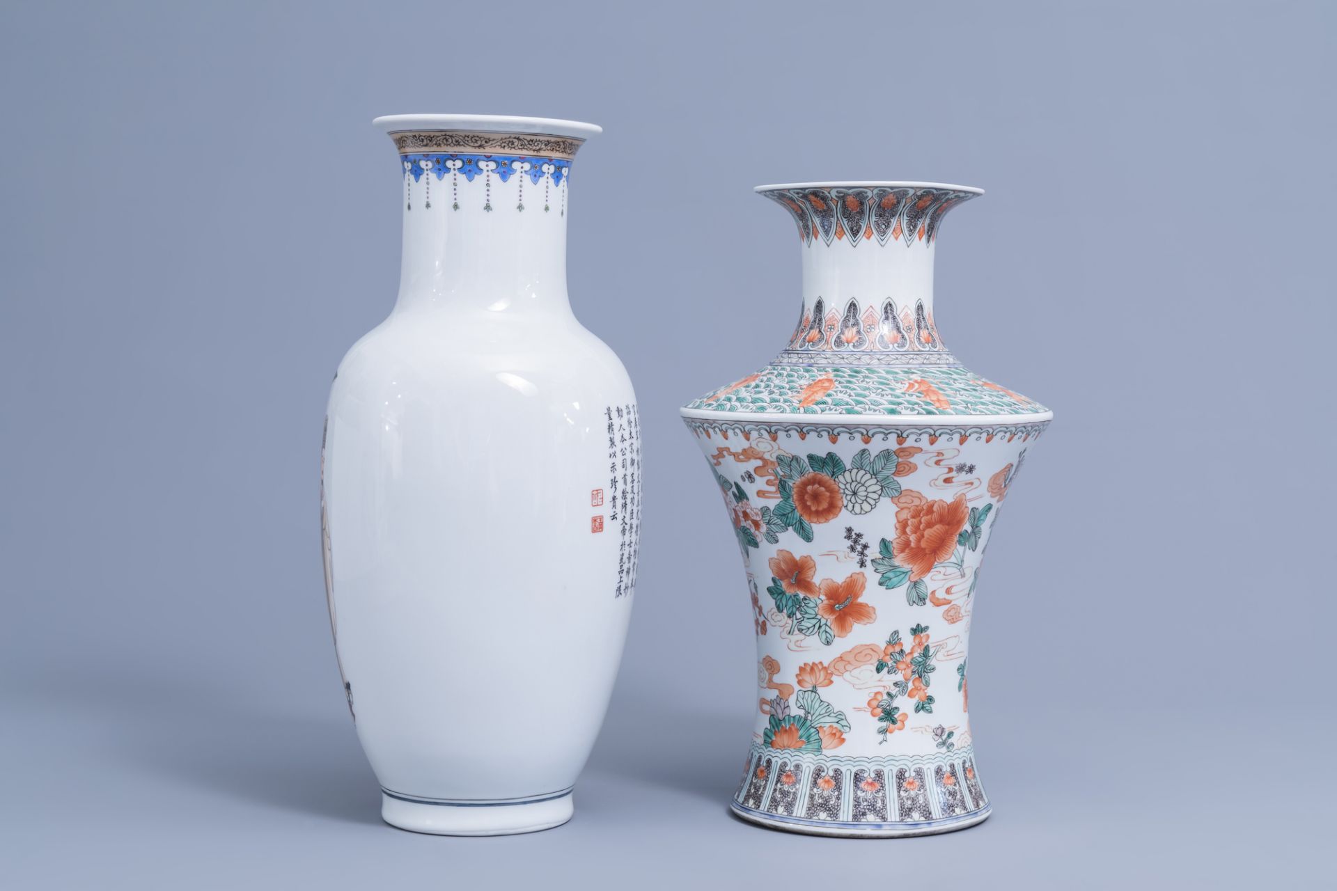 Three various Chinese famille verte and polychrome vases, 20th C. - Image 5 of 13