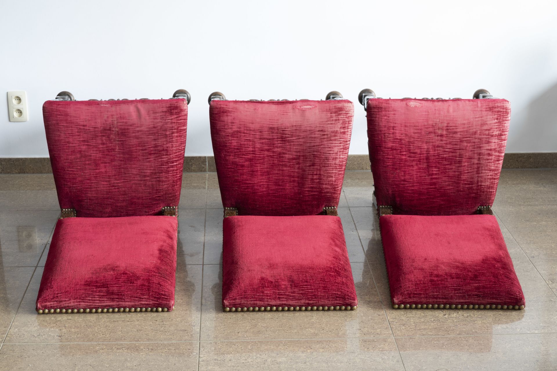 Six Dutch wooden chairs with red velvet upholstery, mainly 19th C. - Image 6 of 13