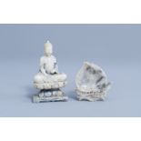 A Chinese soapstone figure of Buddha and a peach shaped brush washer, 19th/20th C.