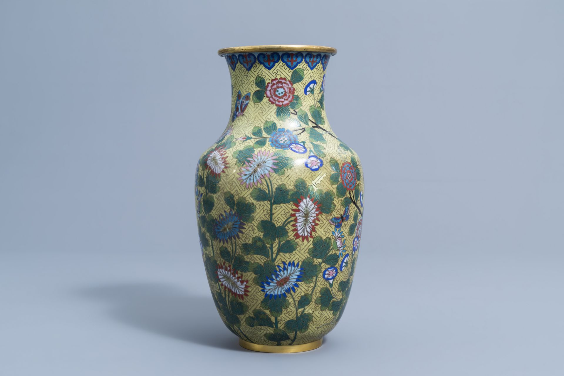 A Chinese cloisonne vase with a bird and butterflies among blossoming branches, Jiaqing - Image 2 of 8
