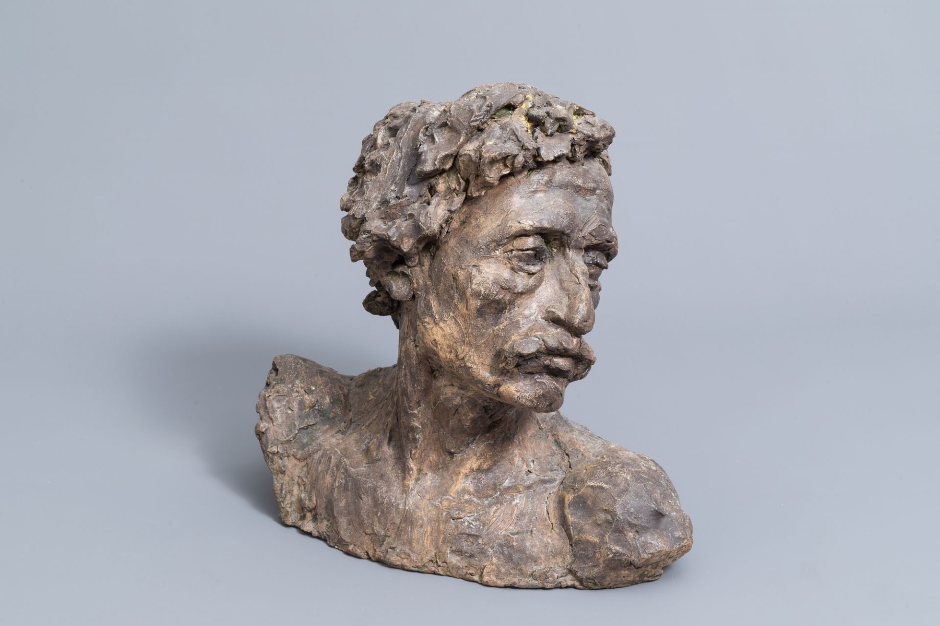 Belgian or French school: Portrait bust of a man, patinated terracotta, 20th C.