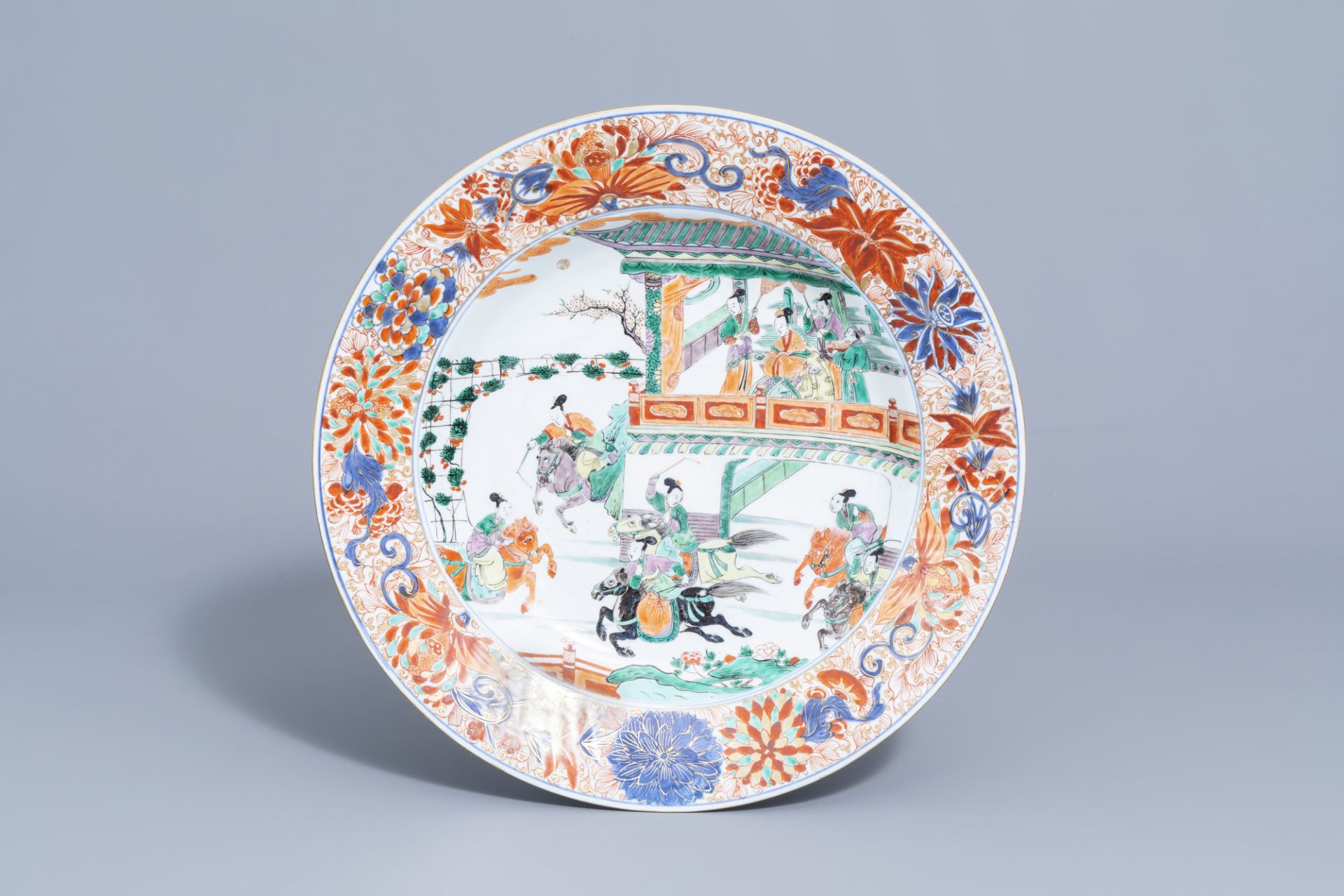 A Chinese verte-Imari 'General Yang and Mu Guiying' charger, Kangxi