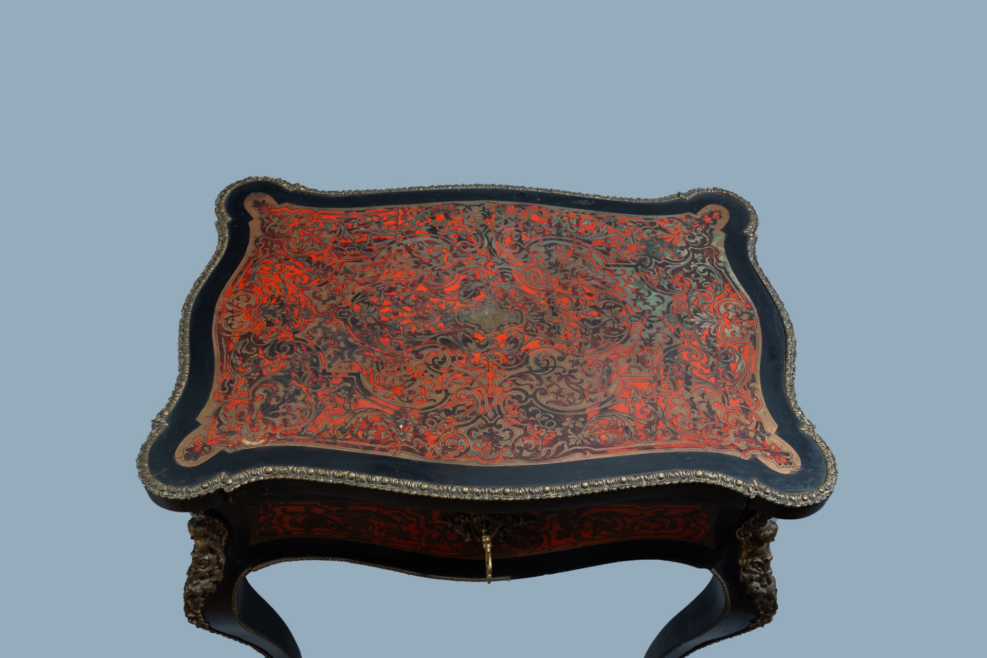 A French Historicism gilt mounted and brass marquetry sewing table, L. Grade F. - R(ue) Castex 9, 19 - Image 13 of 13