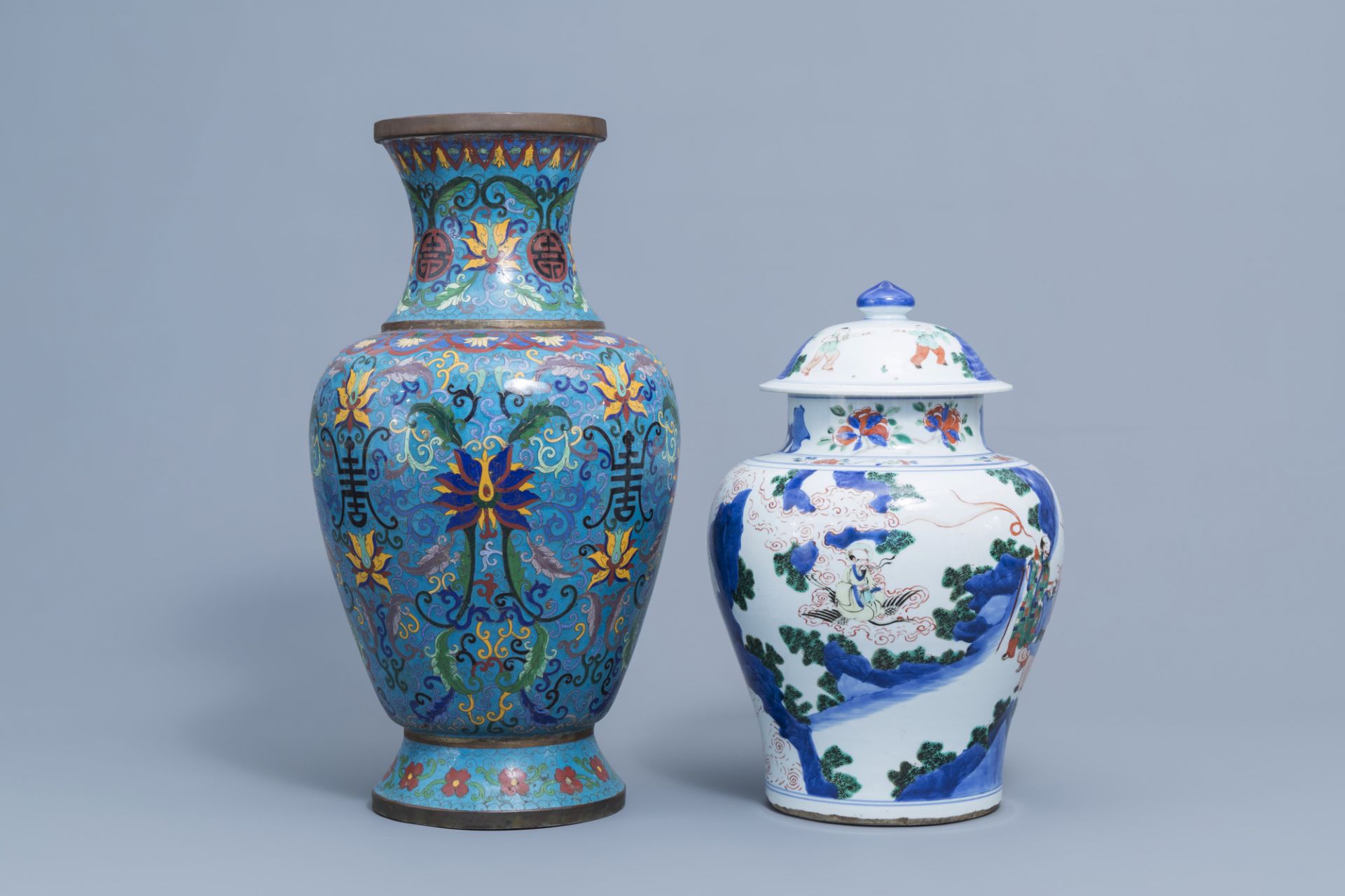 A Chinese wucai vase and cover with figurative design and a cloisonne vase with floral design, 19th/ - Image 2 of 8