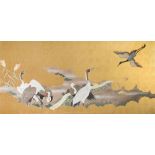 Japanese school, mixed media, 20th C.: Cranes in a landscape
