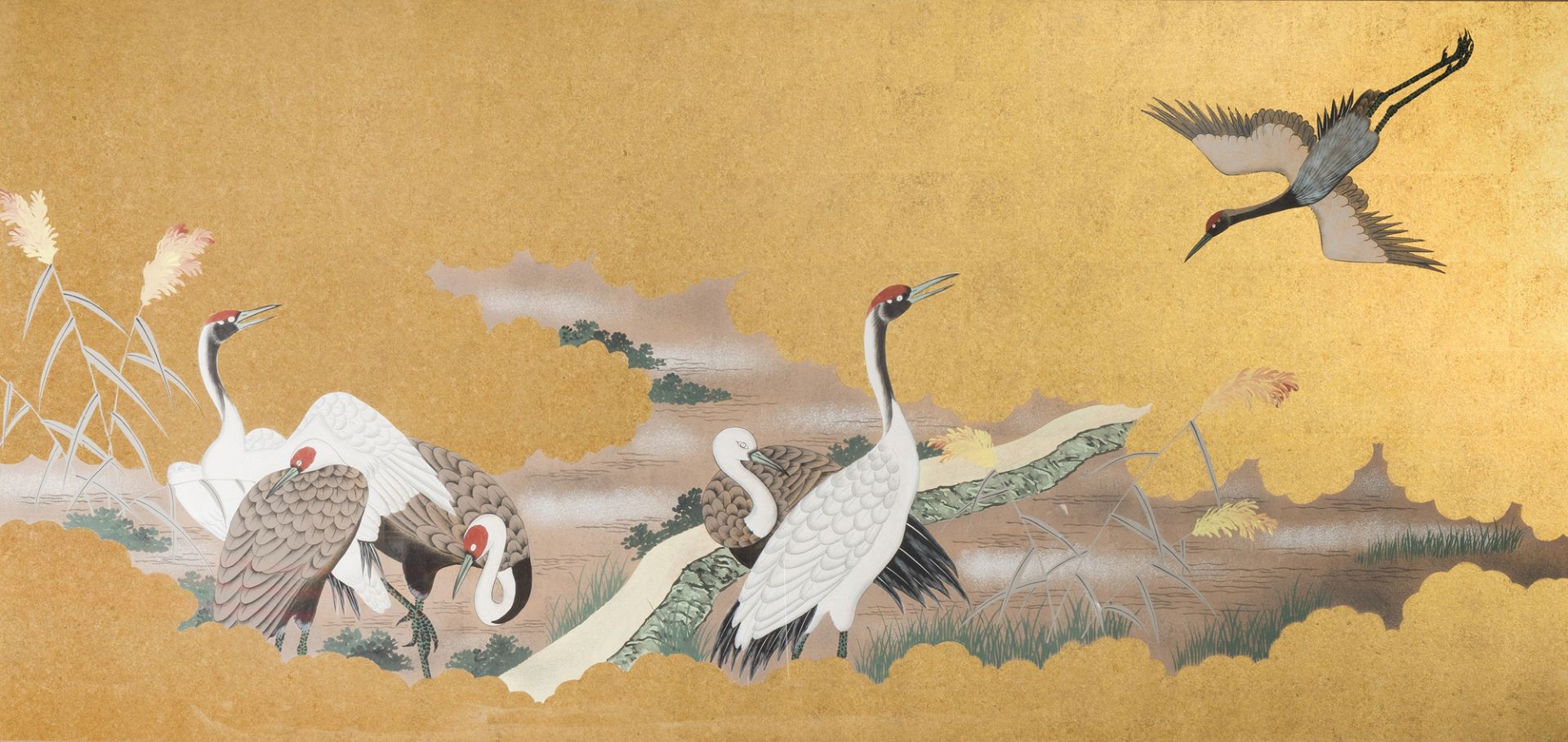Japanese school, mixed media, 20th C.: Cranes in a landscape