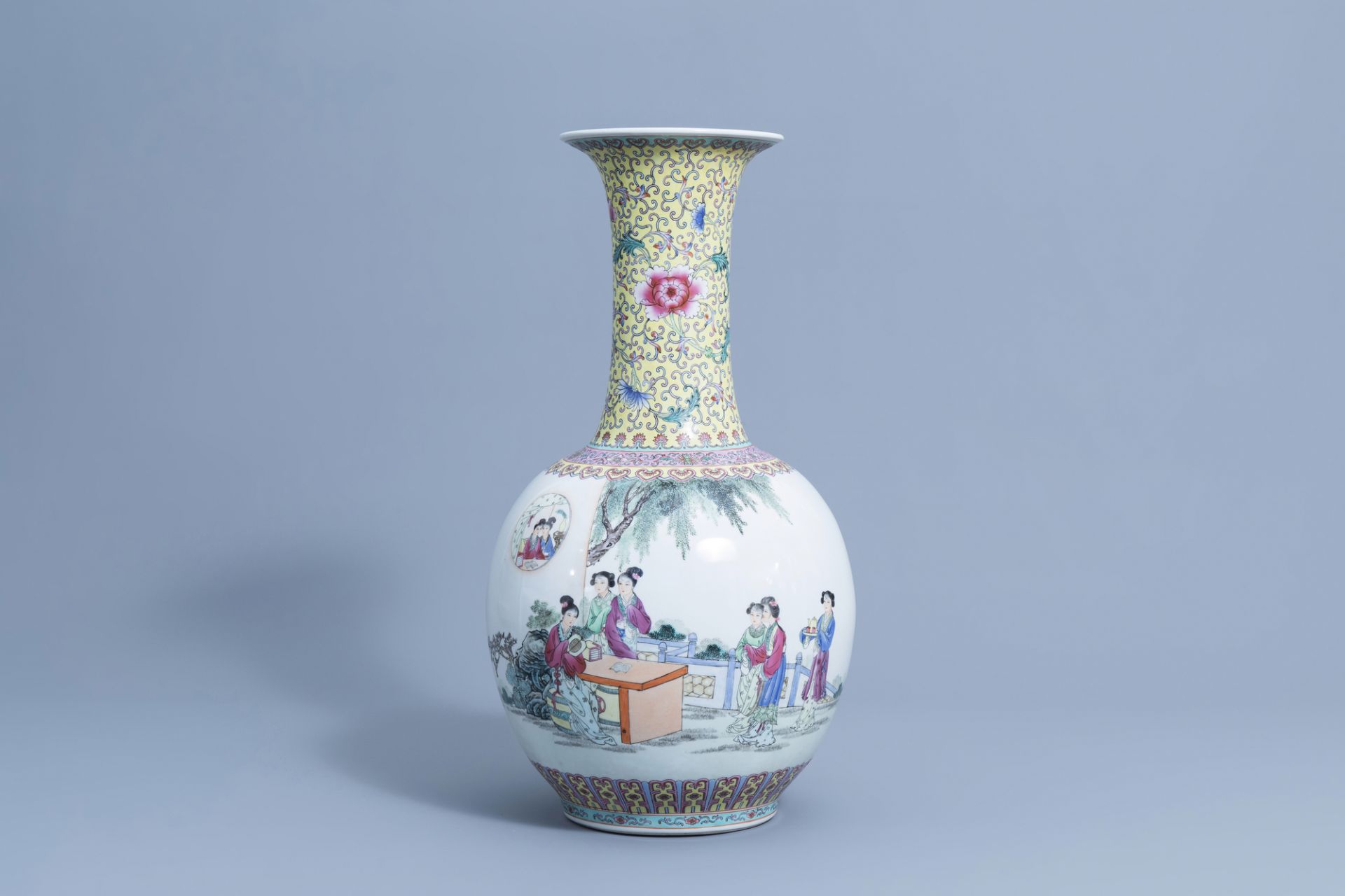 A large Chinese bottle shaped famille rose vase with ladies on a terrace, Qianlong mark, 20th C. - Image 2 of 7