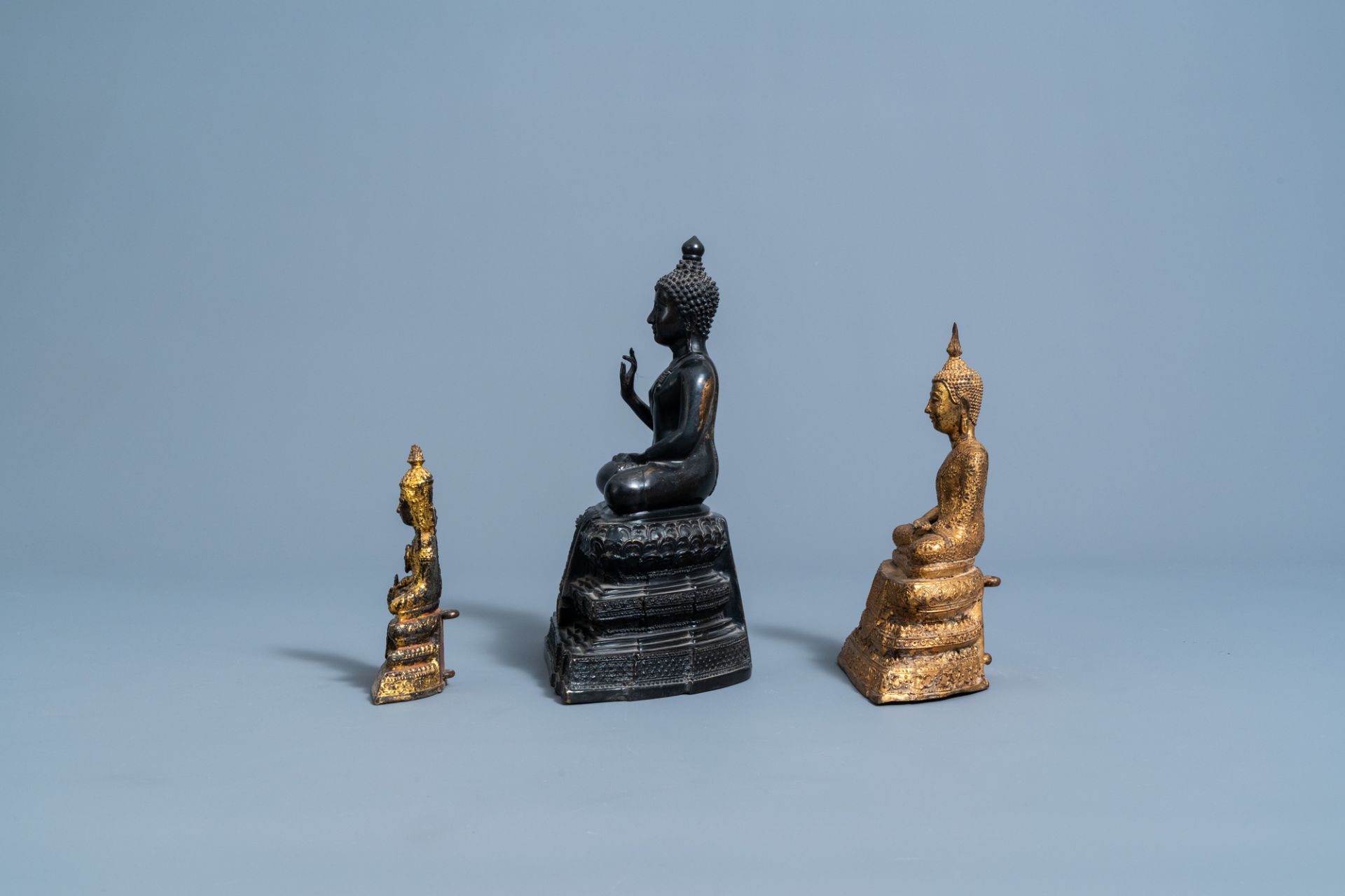Three gilt and patinated bronze figures of Buddha, Southeast Asia, 19th/20th C. - Image 2 of 4