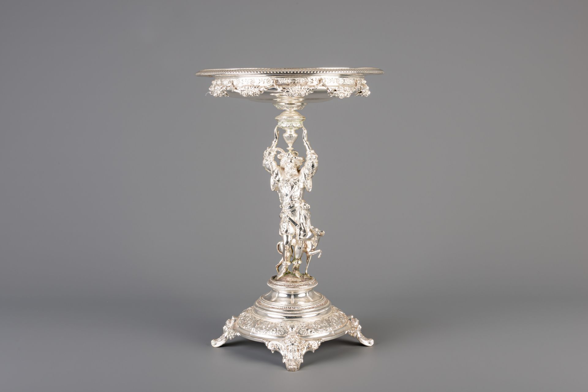 A German silver figural centrepiece with a nobleman and a greyhound during the hunt, 800/000, 19th C