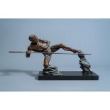 P. Berjean (20th C.): The hunter, patinated bronze on a black marble base