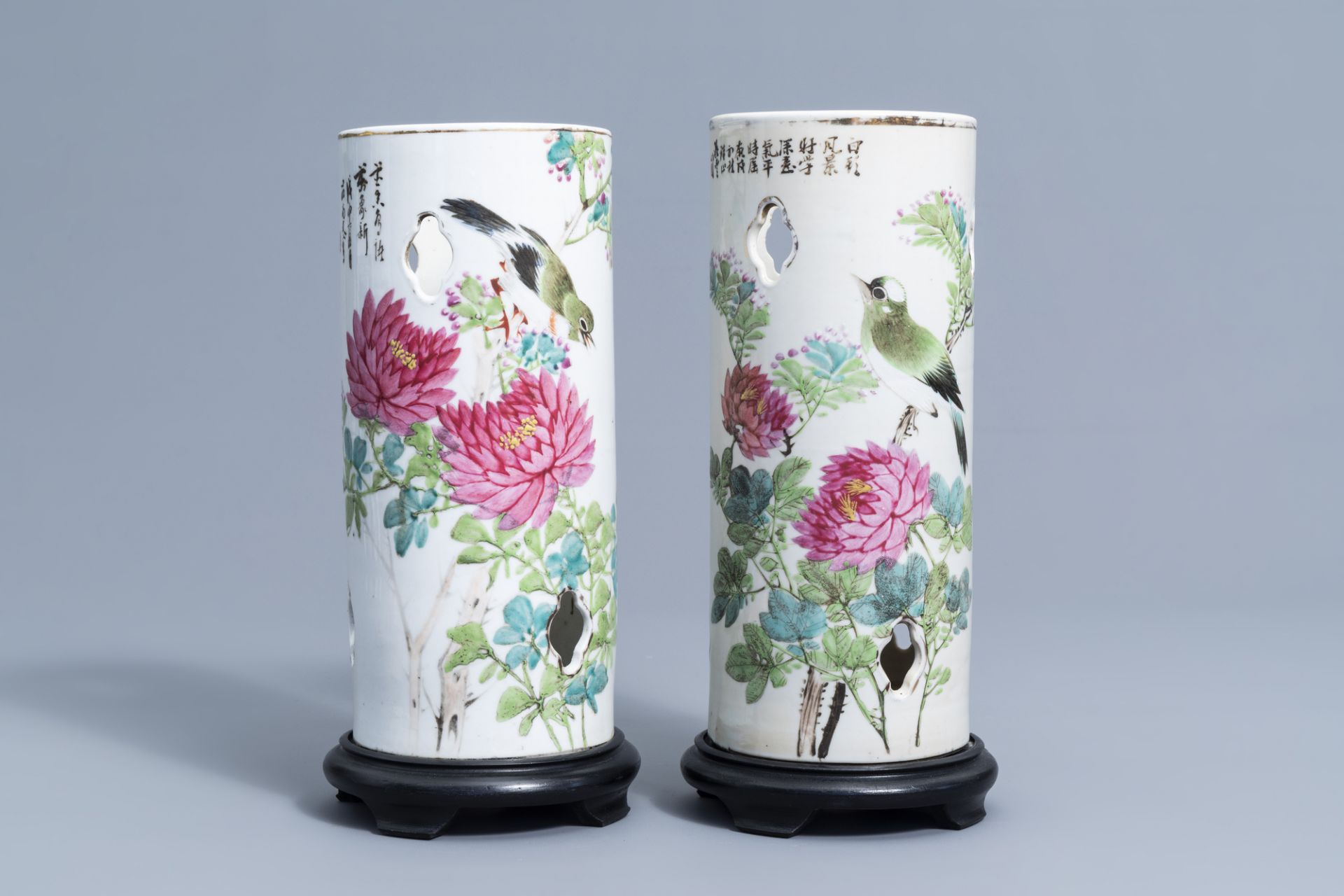 Two reticulated Chinese qianjiang cai hat stands with birds among blossoming branches, 19th/20th C.