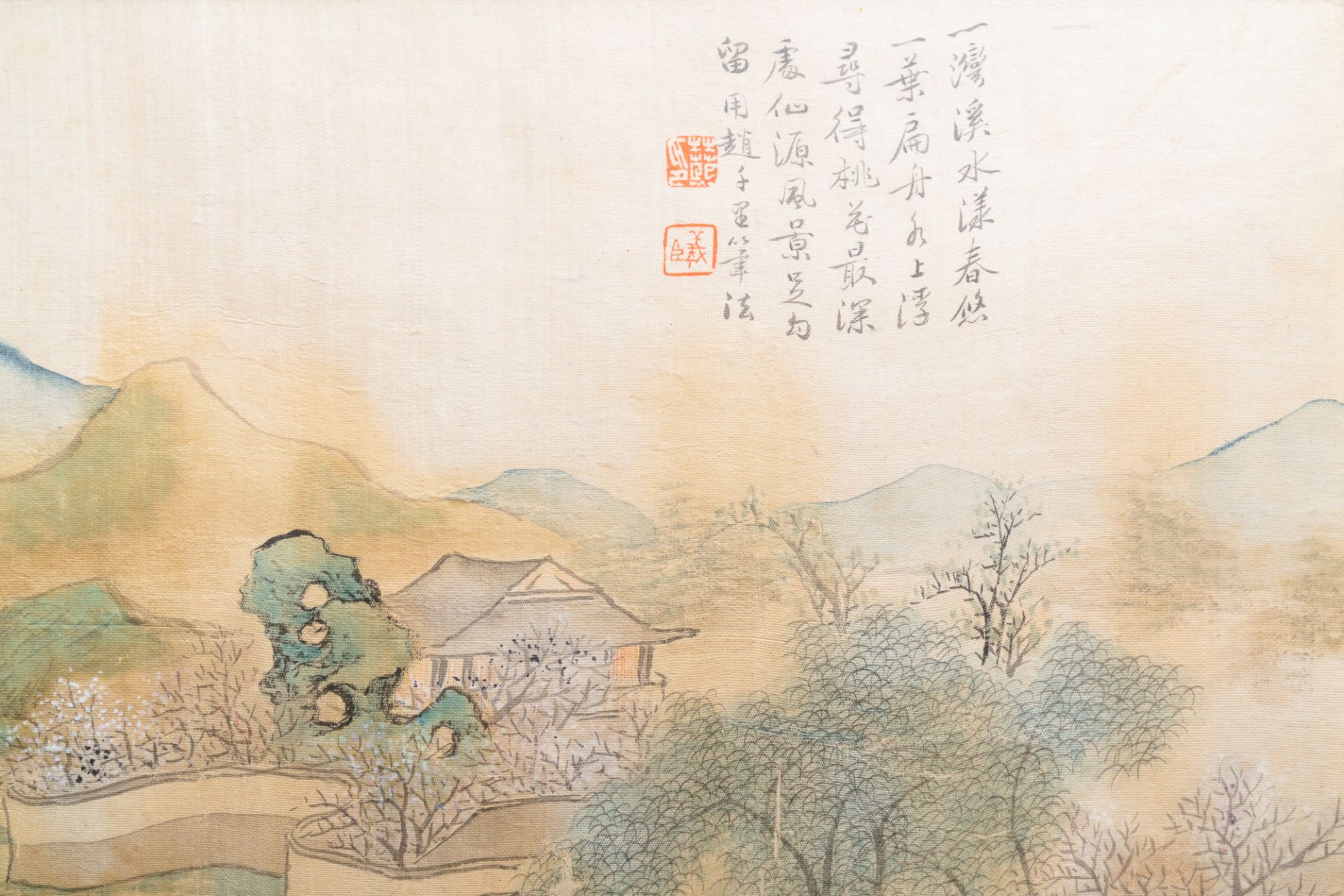 Chinese school, ink and colour on silk, 20th C.: Three landscape views - Image 5 of 10