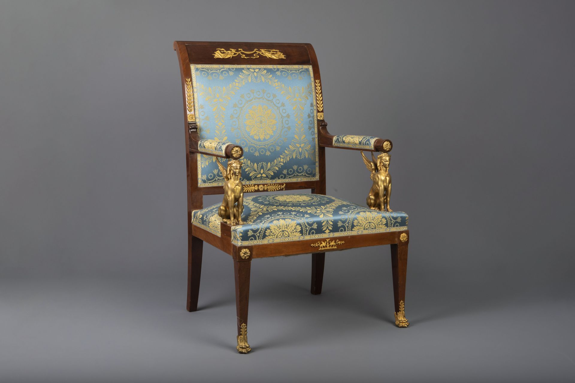 An imposing Empire style gilt bronze mounted mahogany and upholstered seven-piece salon set, France, - Image 9 of 34
