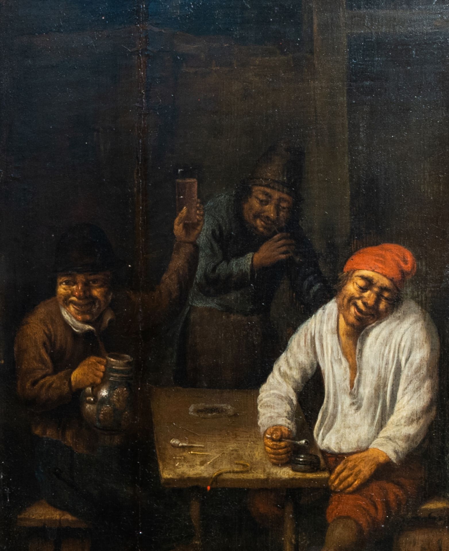 Dutch school, monogrammed H.R.: Peasants making merry at an inn, oil on canvas, 17th/18th C.