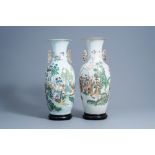 A Chinese famille rose double design vase and a qianjiang cai vase with ladies in a garden, 19th/20t