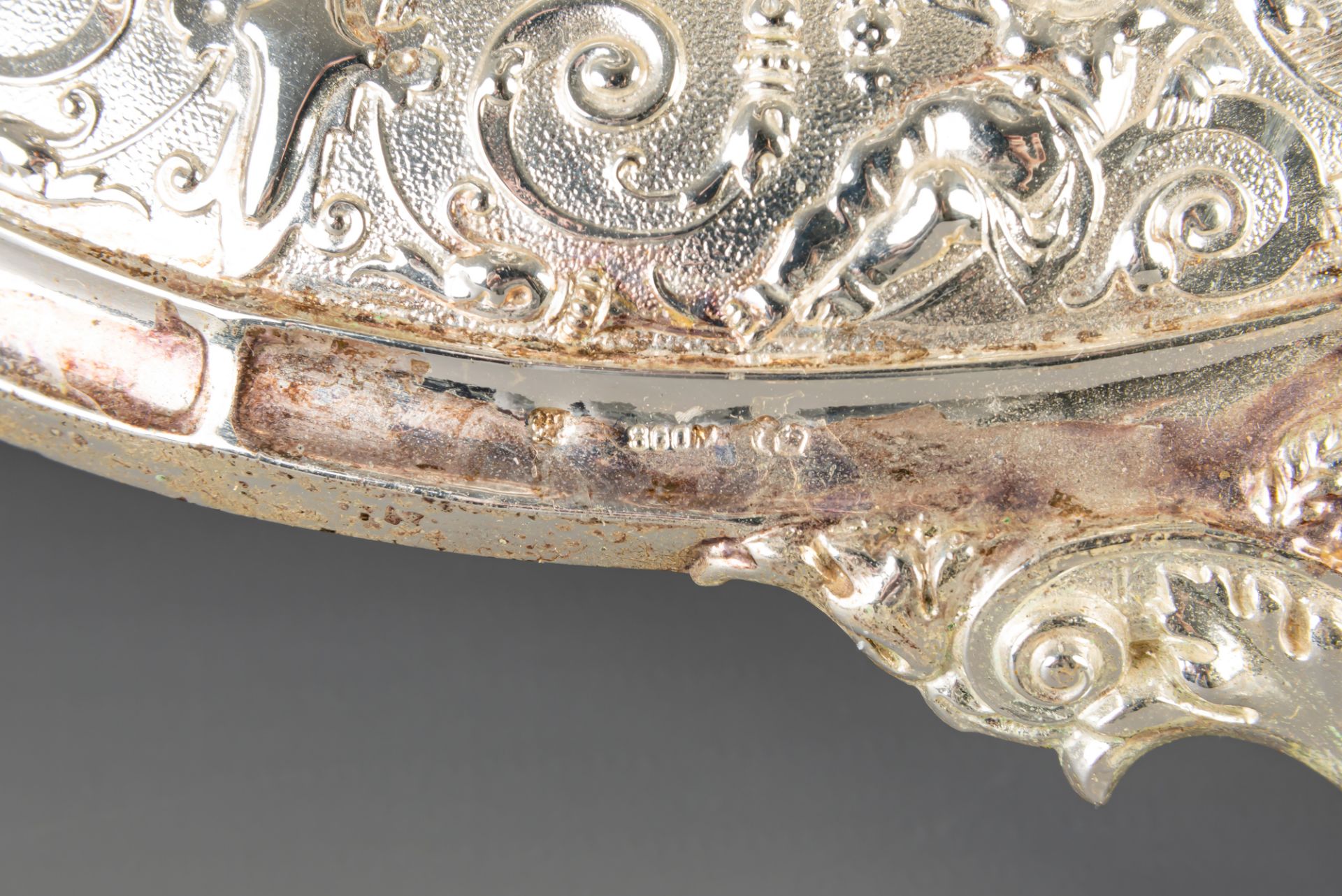 A German silver figural centrepiece with a nobleman and a greyhound during the hunt, 800/000, 19th C - Image 7 of 7