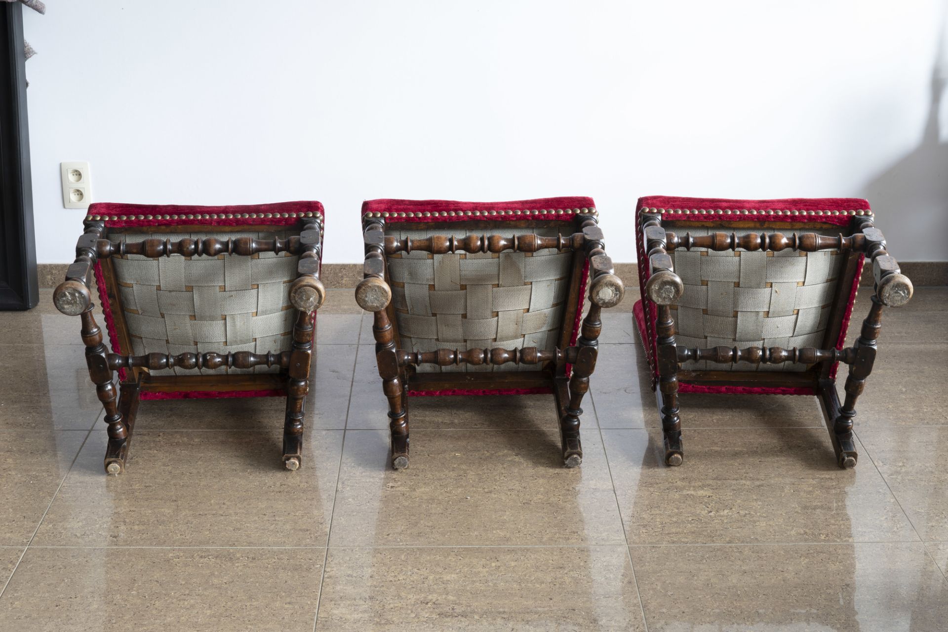 Six Dutch wooden chairs with red velvet upholstery, mainly 19th C. - Image 7 of 13