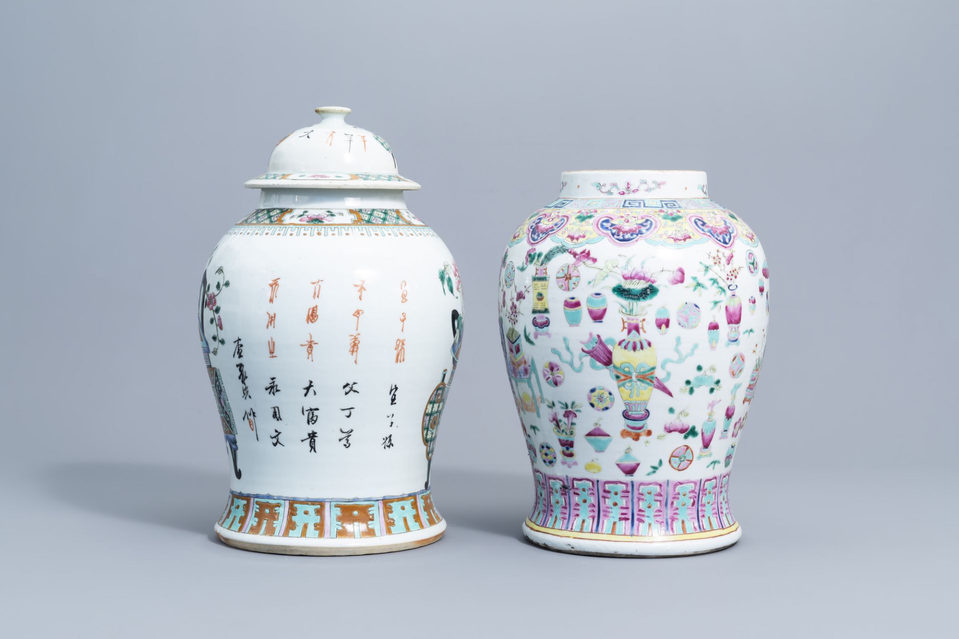 A Chinese famille rose vase and cover with a flower basket and an 'antiquities' vase, 19th C. - Image 2 of 8