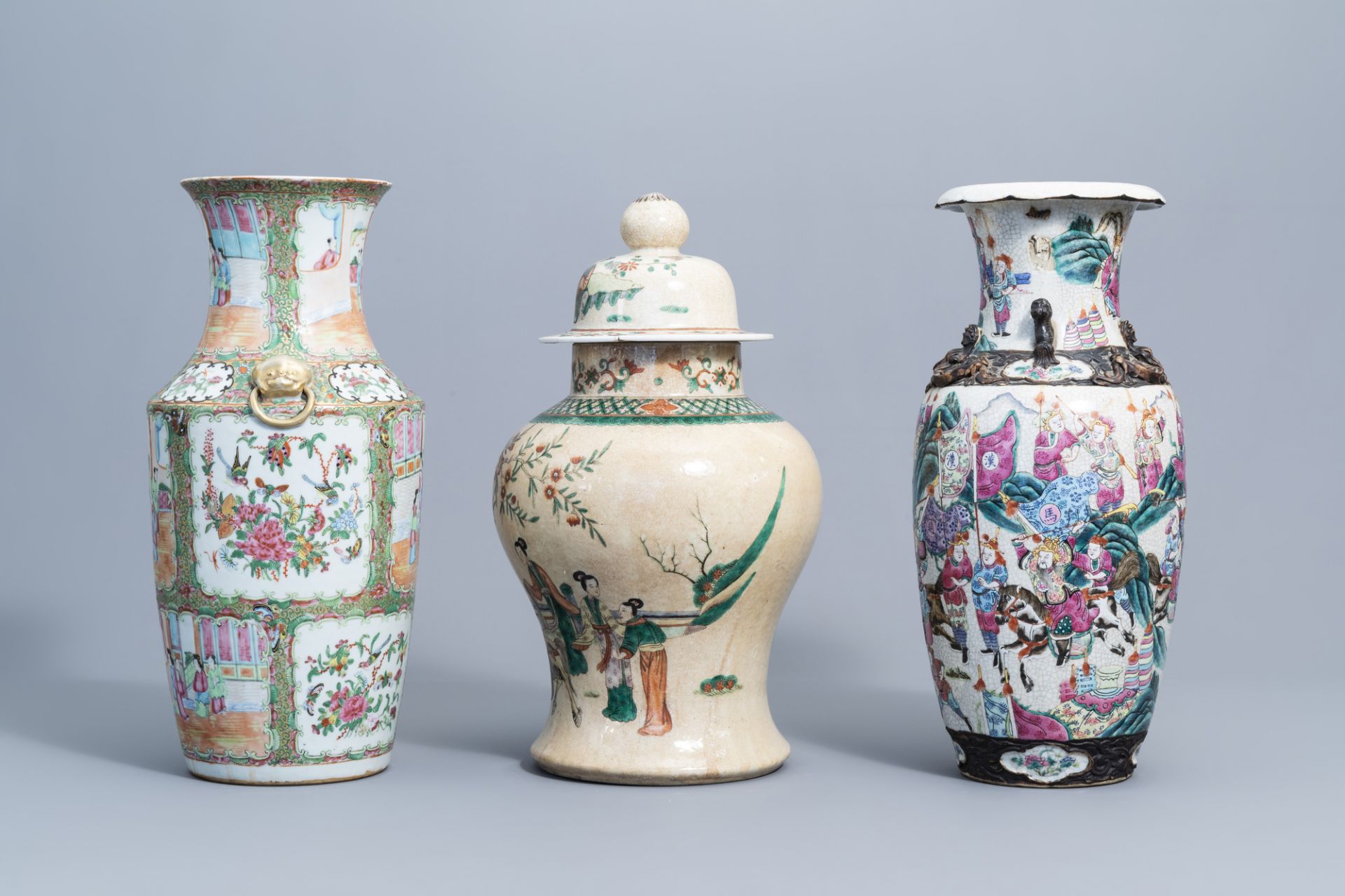 Three various Chinese Canton and Nanking crackle glazed famille rose and verte vases, 19th C. - Image 4 of 8