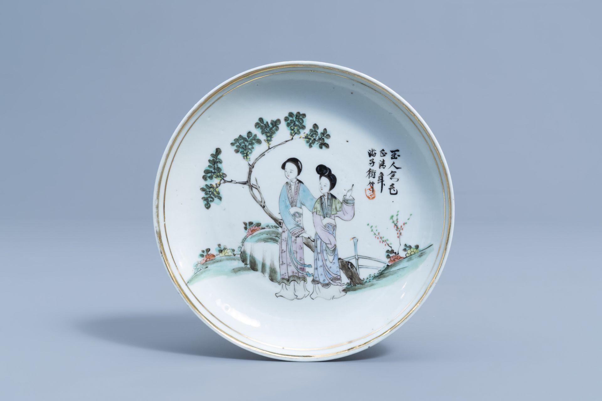 Seven Chinese qianjiang cai saucer plates and a jardiniere with figures in a flower garden, 19th/20t - Image 2 of 15