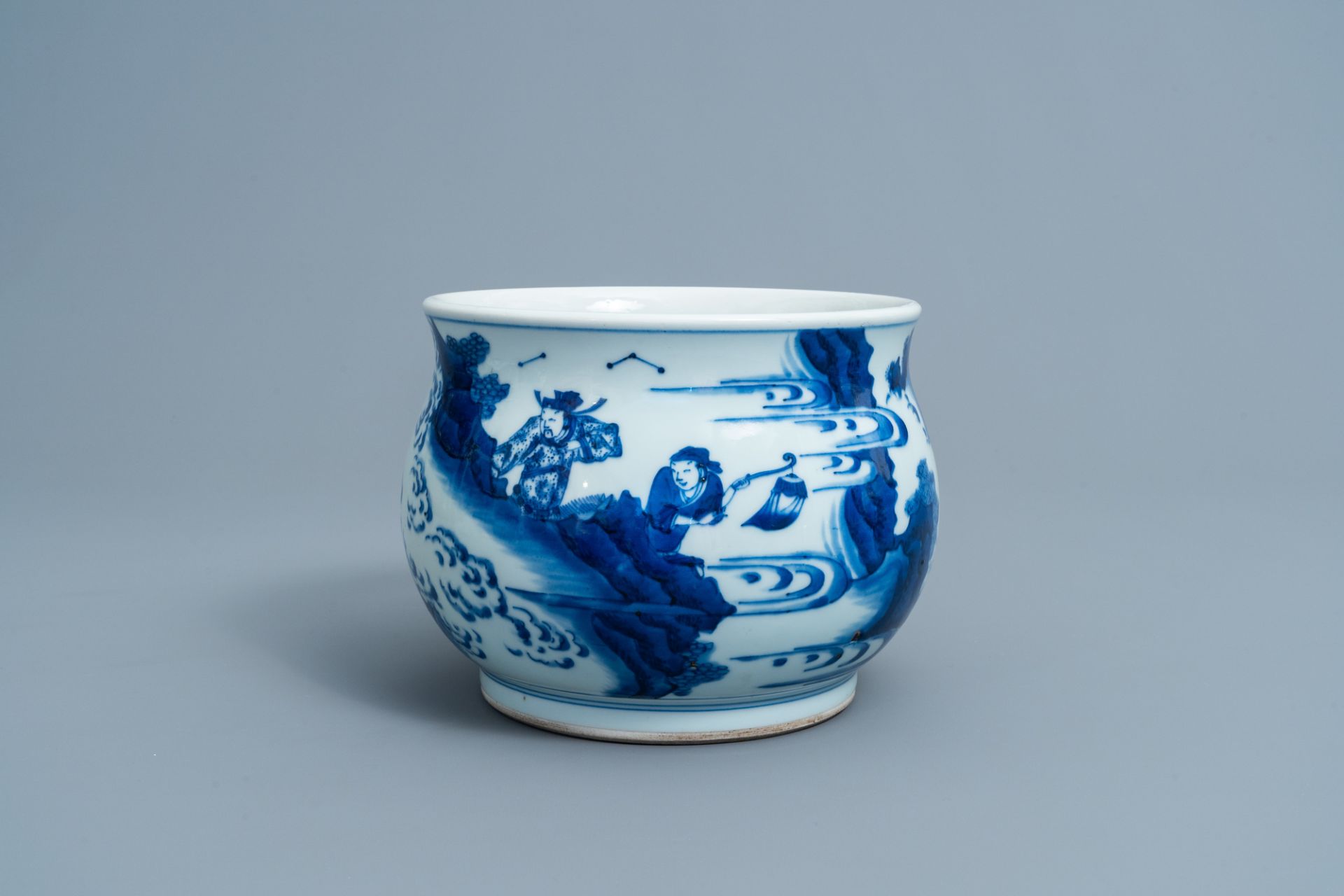 A Chinese blue and white censer with figures in a landscape, 19th/20th C. - Image 3 of 9