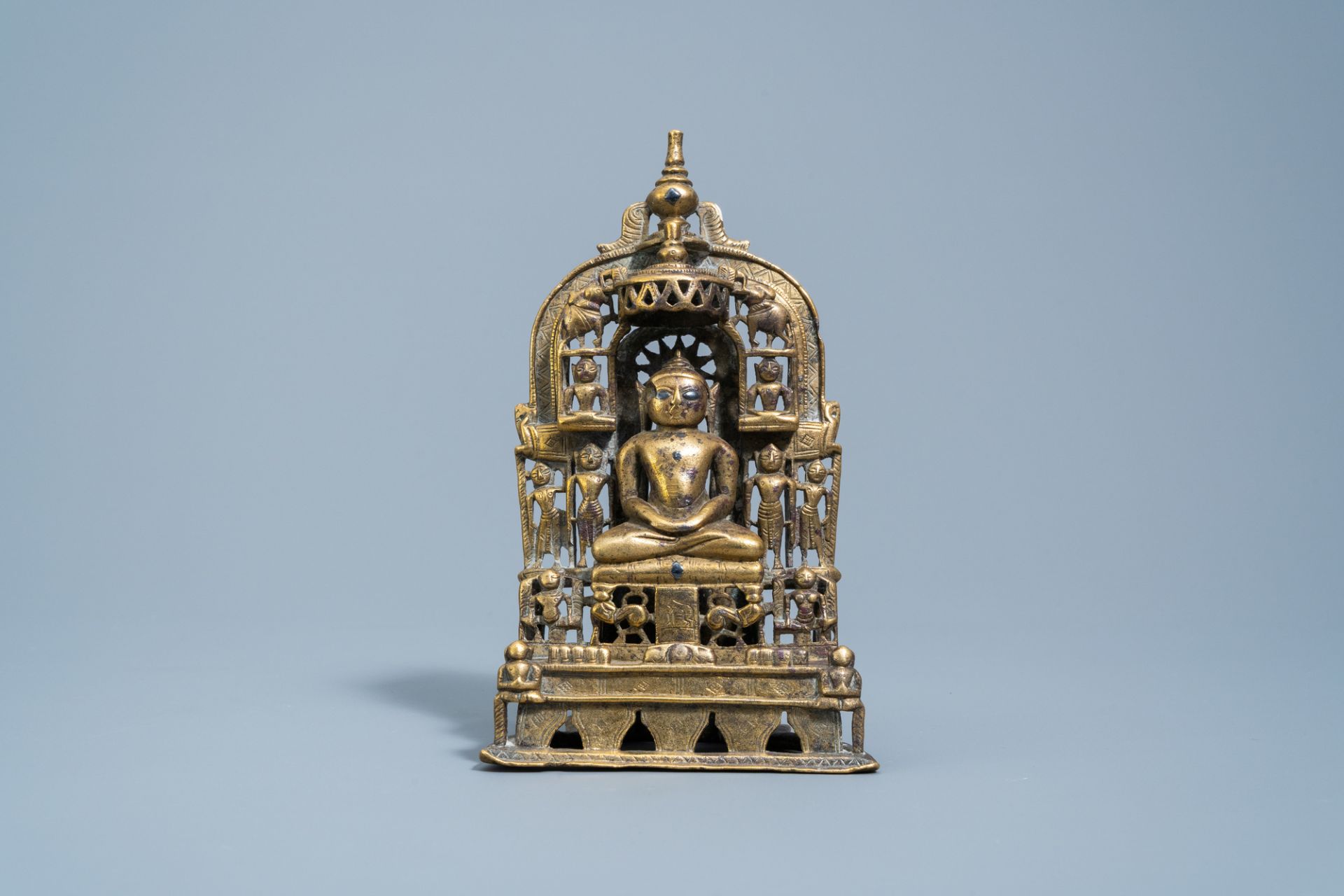 An Indian silver inlaid and inscribed bronze Jain shrine, 19th C. or older - Image 2 of 7